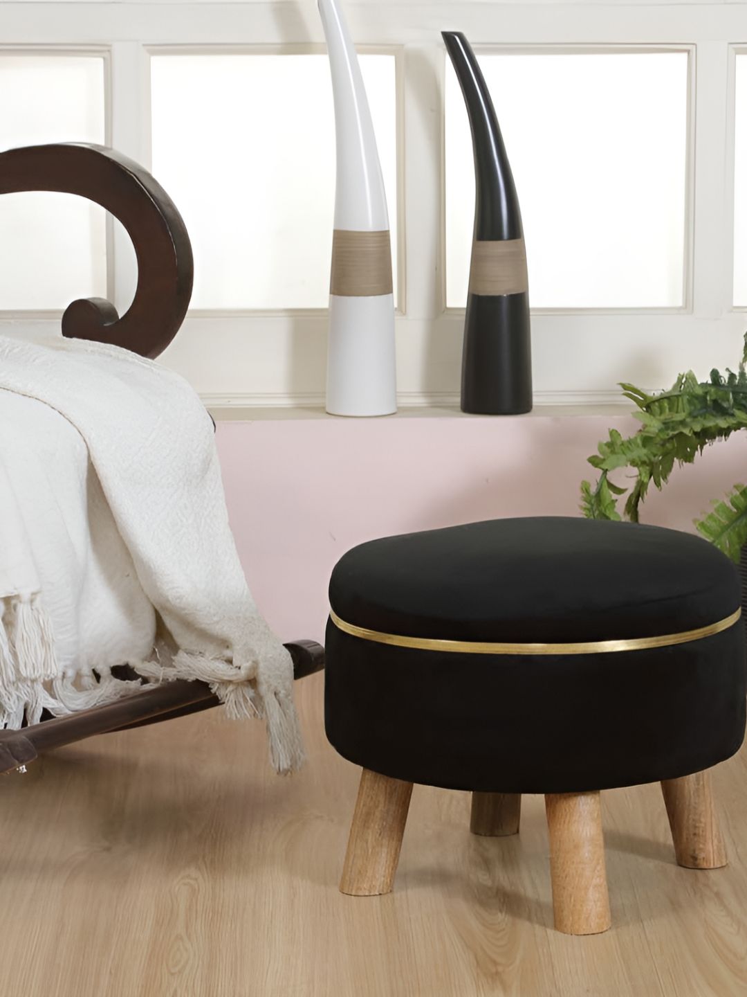 Shadowkart Black Wooden Round Shaped Ottomans