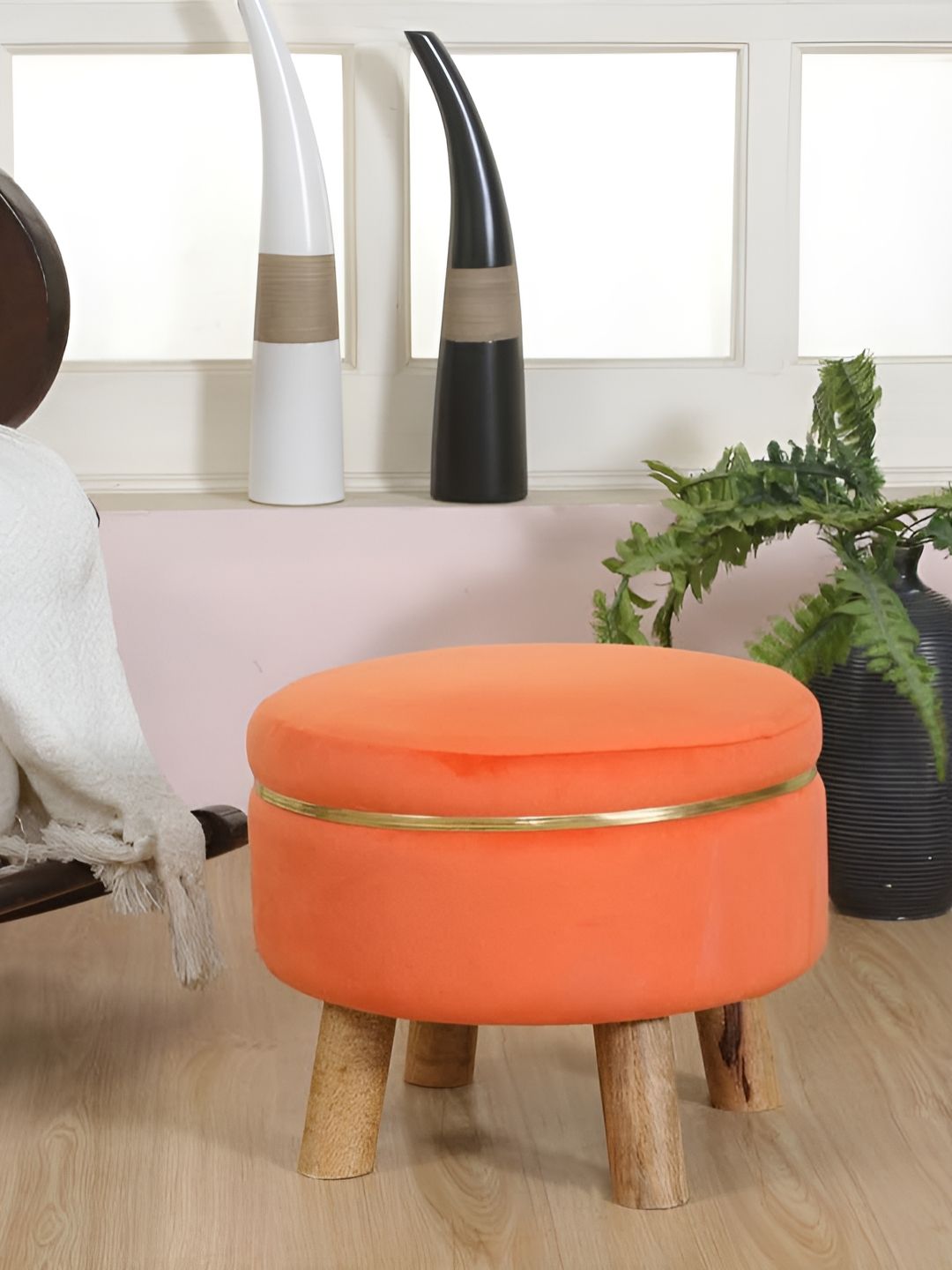 Shadowkart Orange Velvet Round Shaped Ottomans