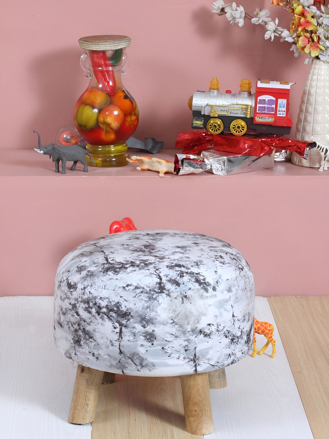 Shadowkart Black & Grey Printed Wooden Mudda Pouffe Ottoman
