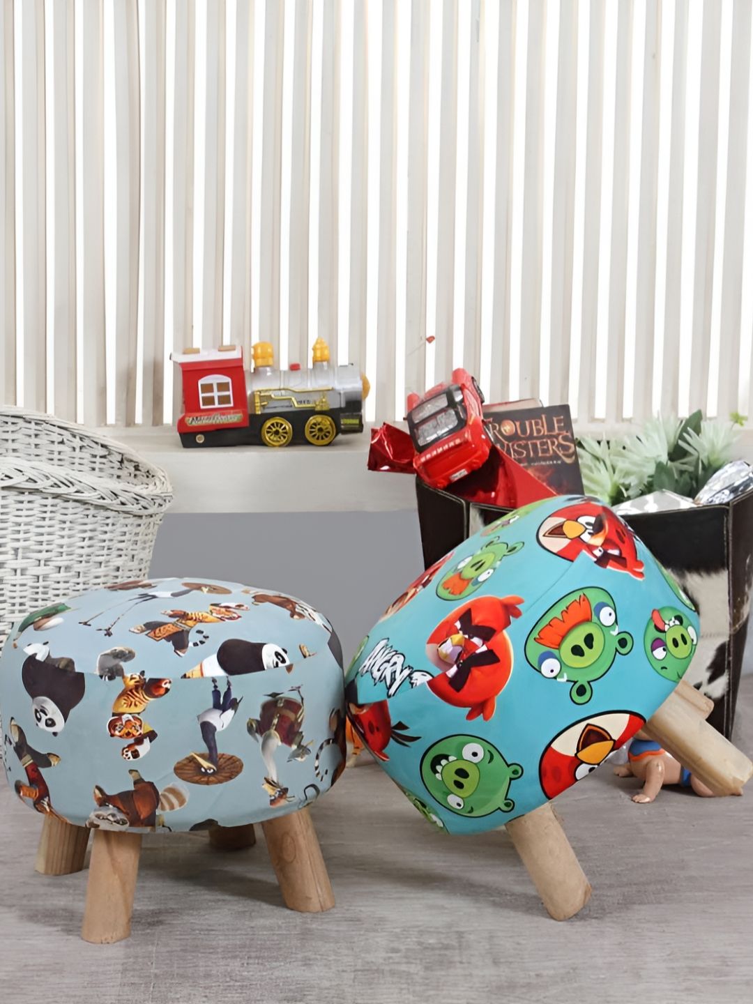 Shadowkart 2 Pcs Blue & Green Printed 
Wooden Pouffe Ottoman