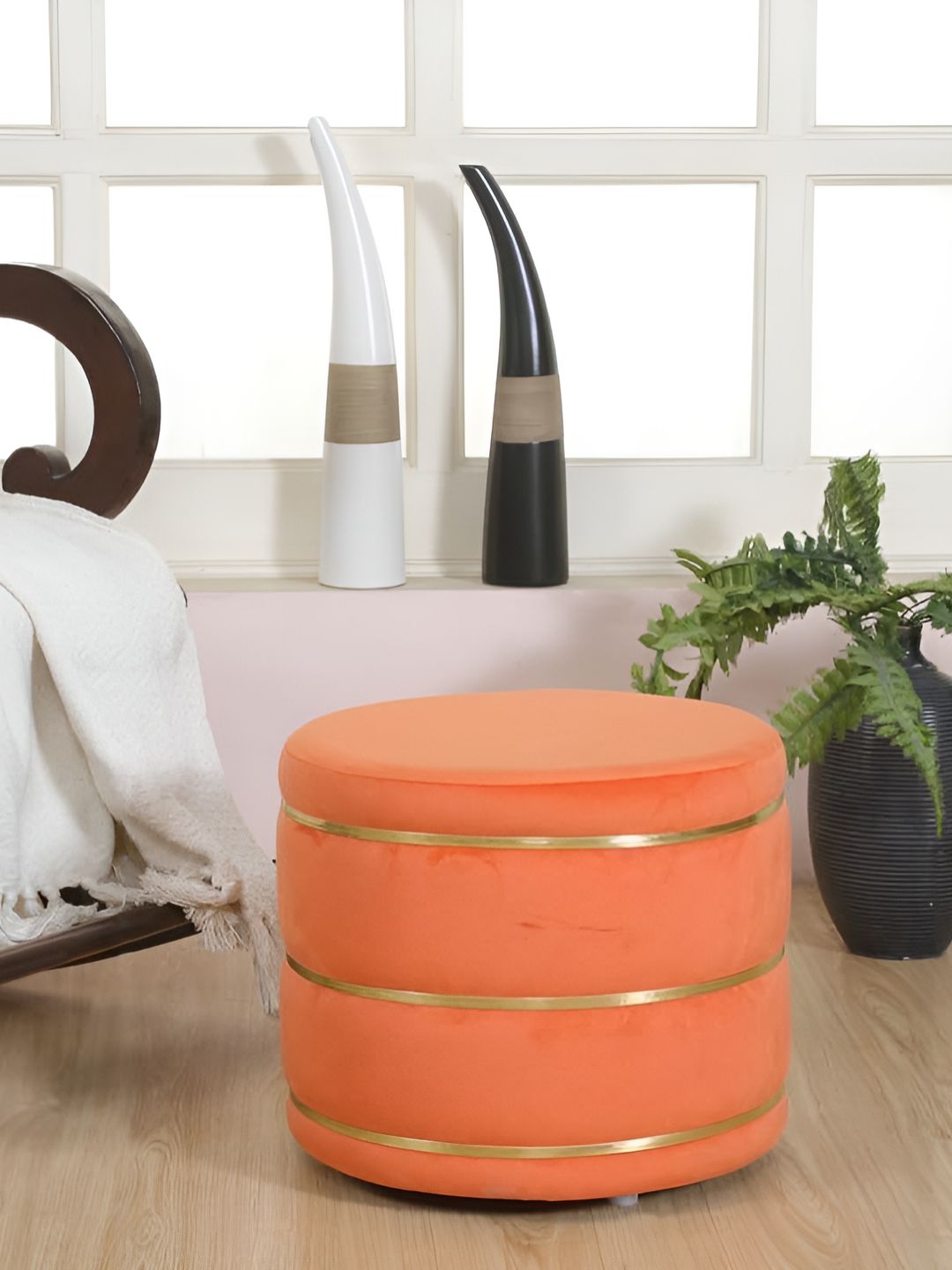 Shadowkart Orange Wooden Mudda Pouffe Ottoman