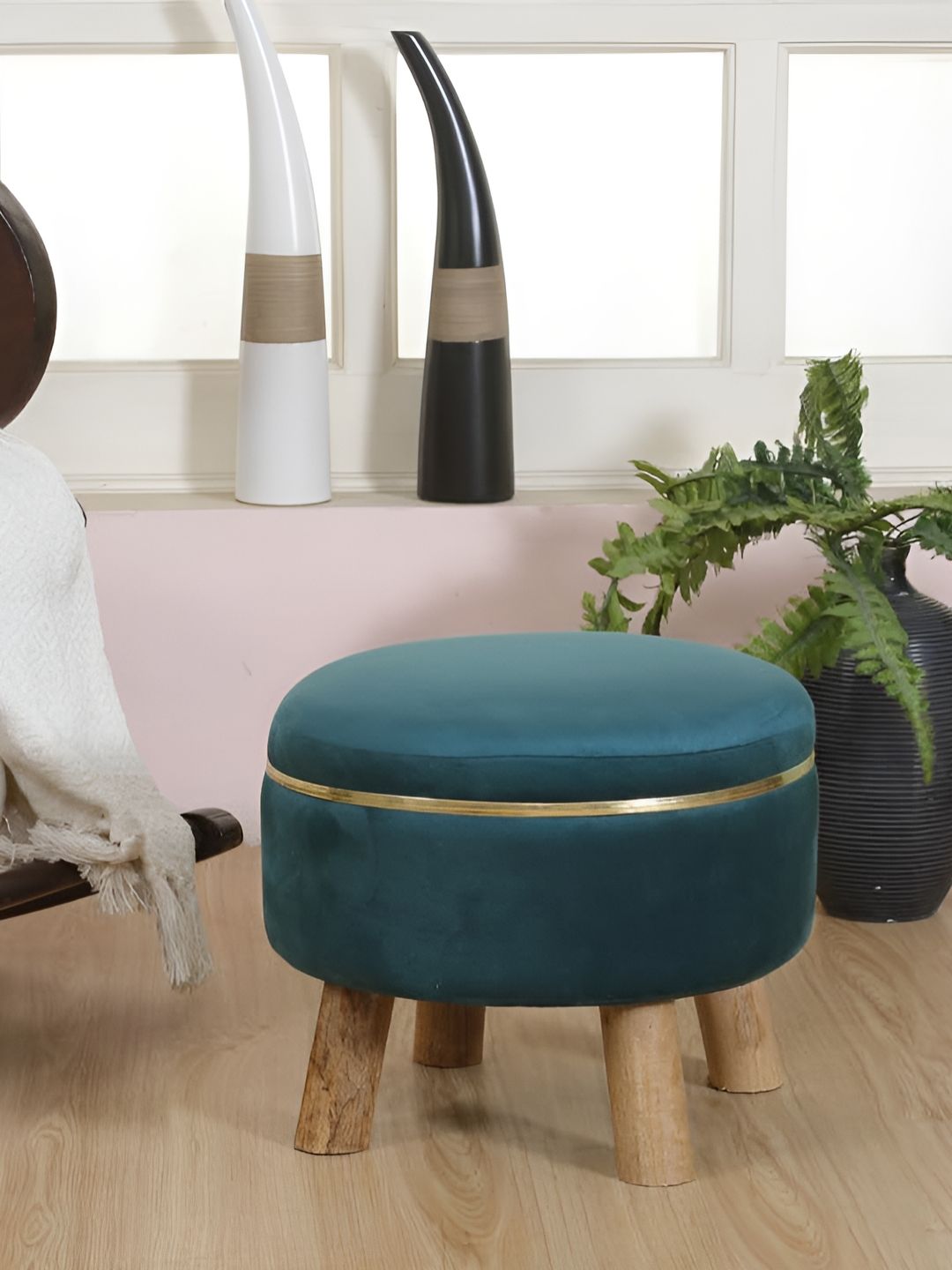 Shadowkart Sea Green Wooden Round Shaped Ottomans
