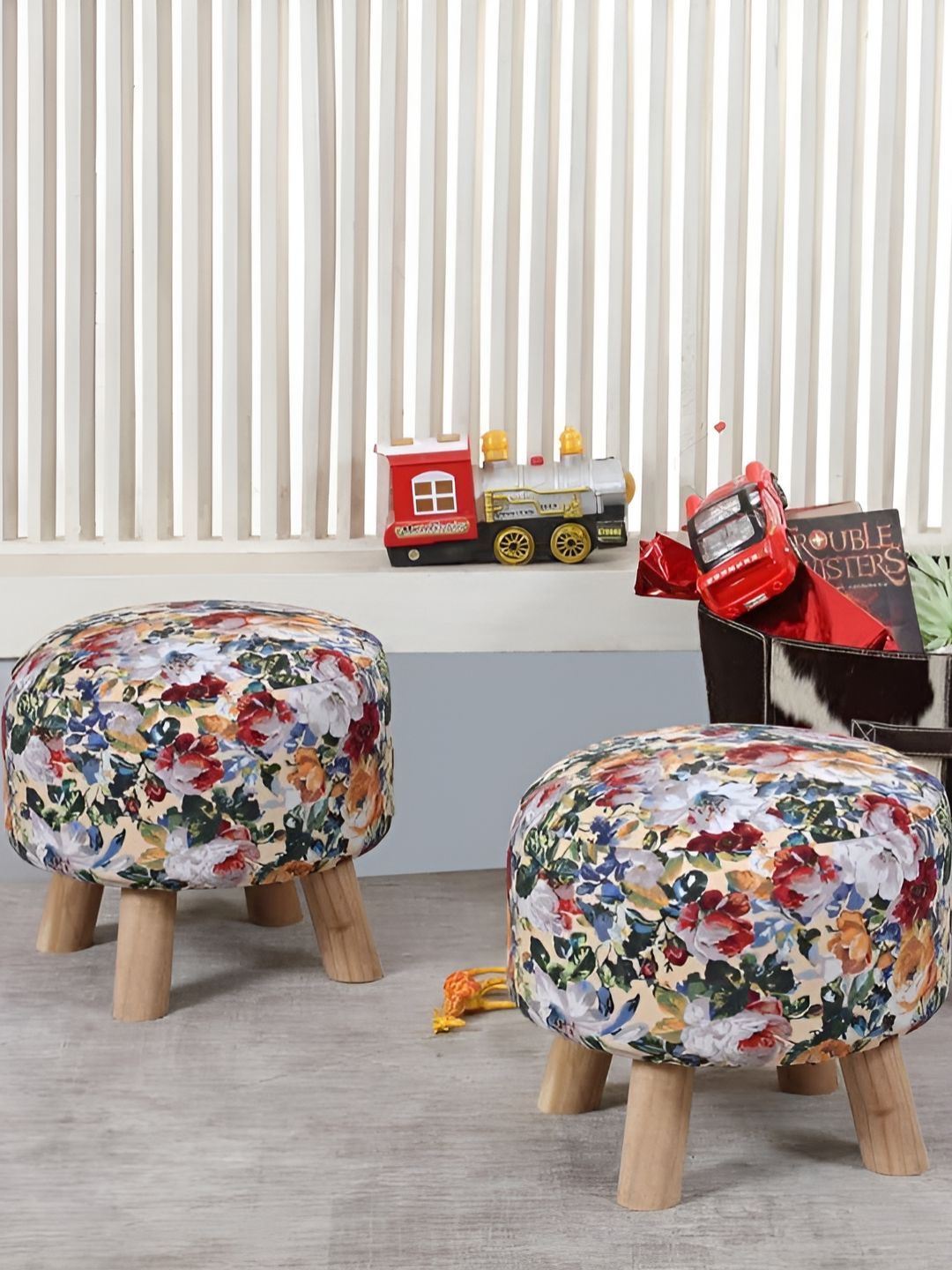 Shadowkart Red & Blue 2 Pieces Wooden & Velvet Wooden Mudda Pouffe Ottoman