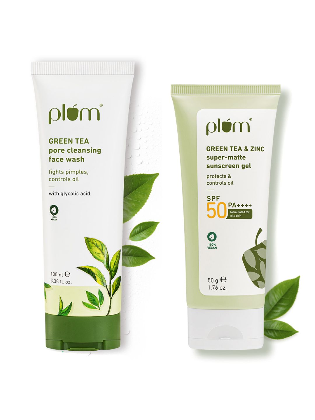 Plum Plum Set of Green Tea SPF50 Sunscreen Gel 50g & Green Tea Pore Cleansing Face Wash 100ml