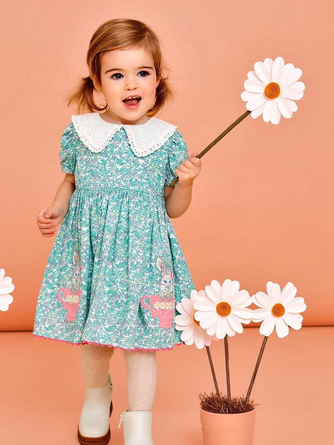 JC SPARKLE Girls Floral Printed Peter Pan Collar Fit & Flare Dress