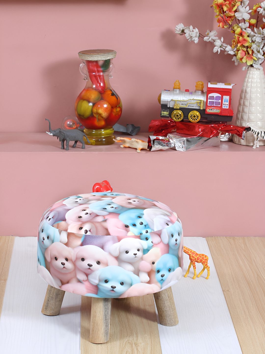 Shadowkart White & Blue Printed Wooden Pouffe Ottoman