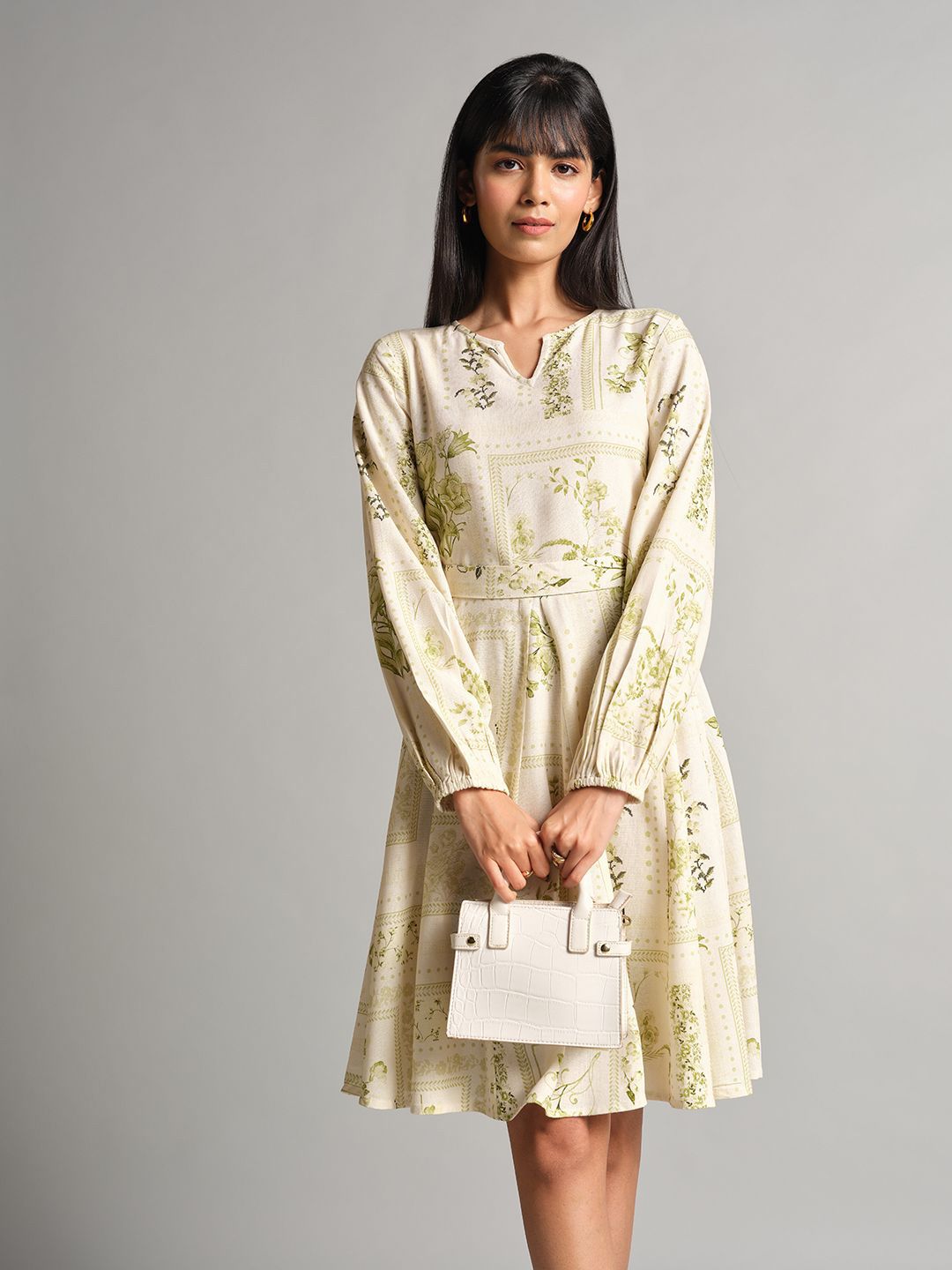 AND AND Floral Print Tie-Up Neck Fit & Flare Dress
