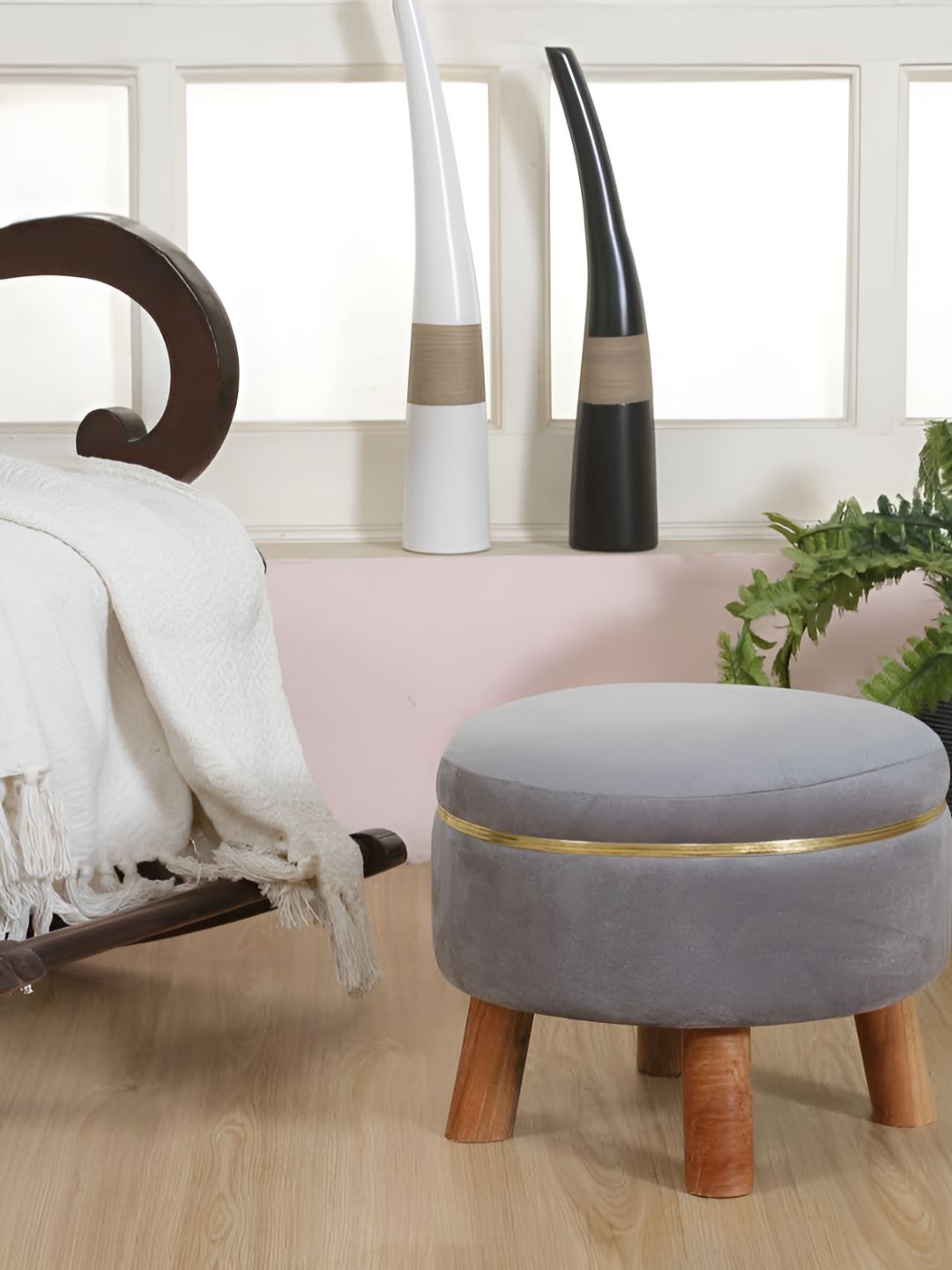 Shadowkart Grey Wooden Pouffe Ottoman