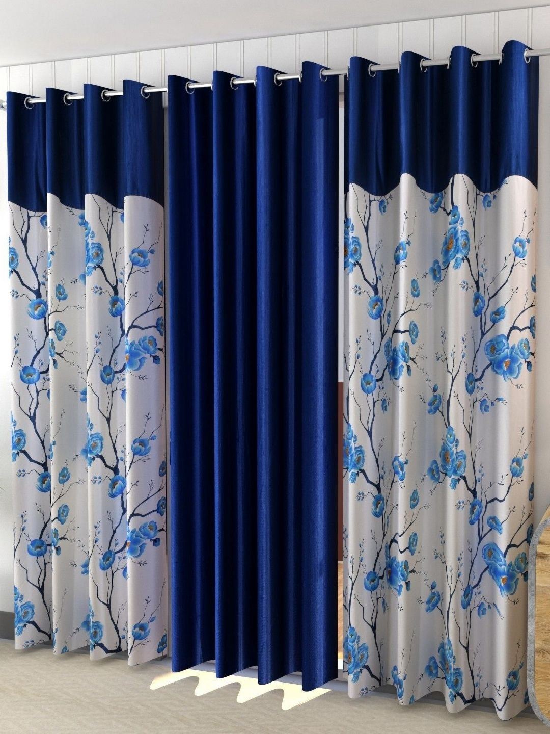Galaxy Home Decor Blue Set of 3 Floral Door Curtain
