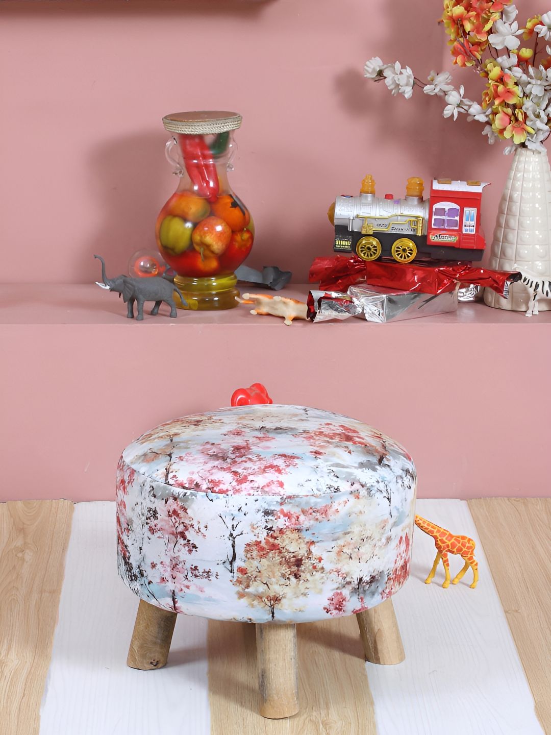 Shadowkart White & Blue Printed Wooden Pouffe Ottoman