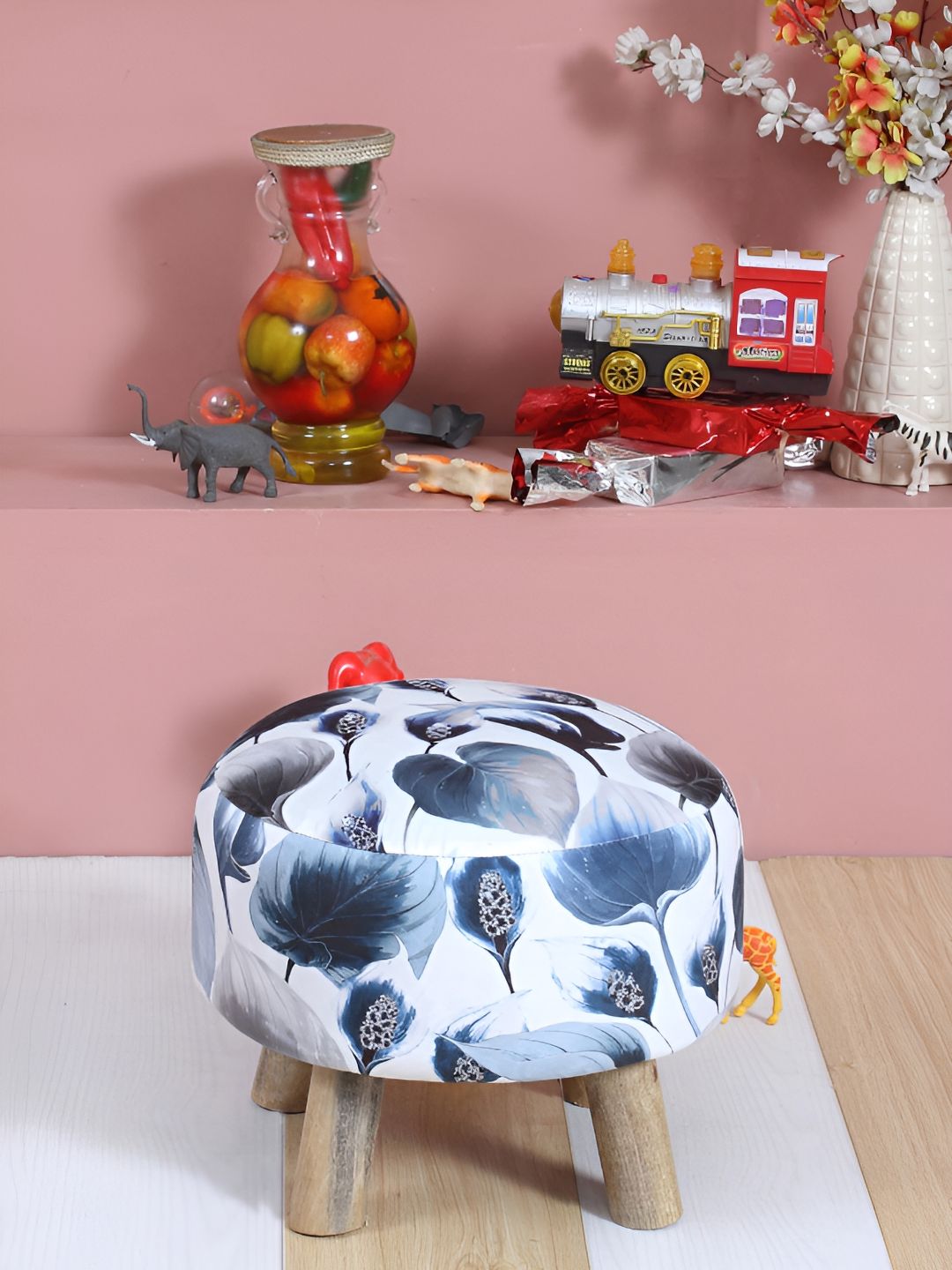Shadowkart White & Blue Printed Wooden Ottomans