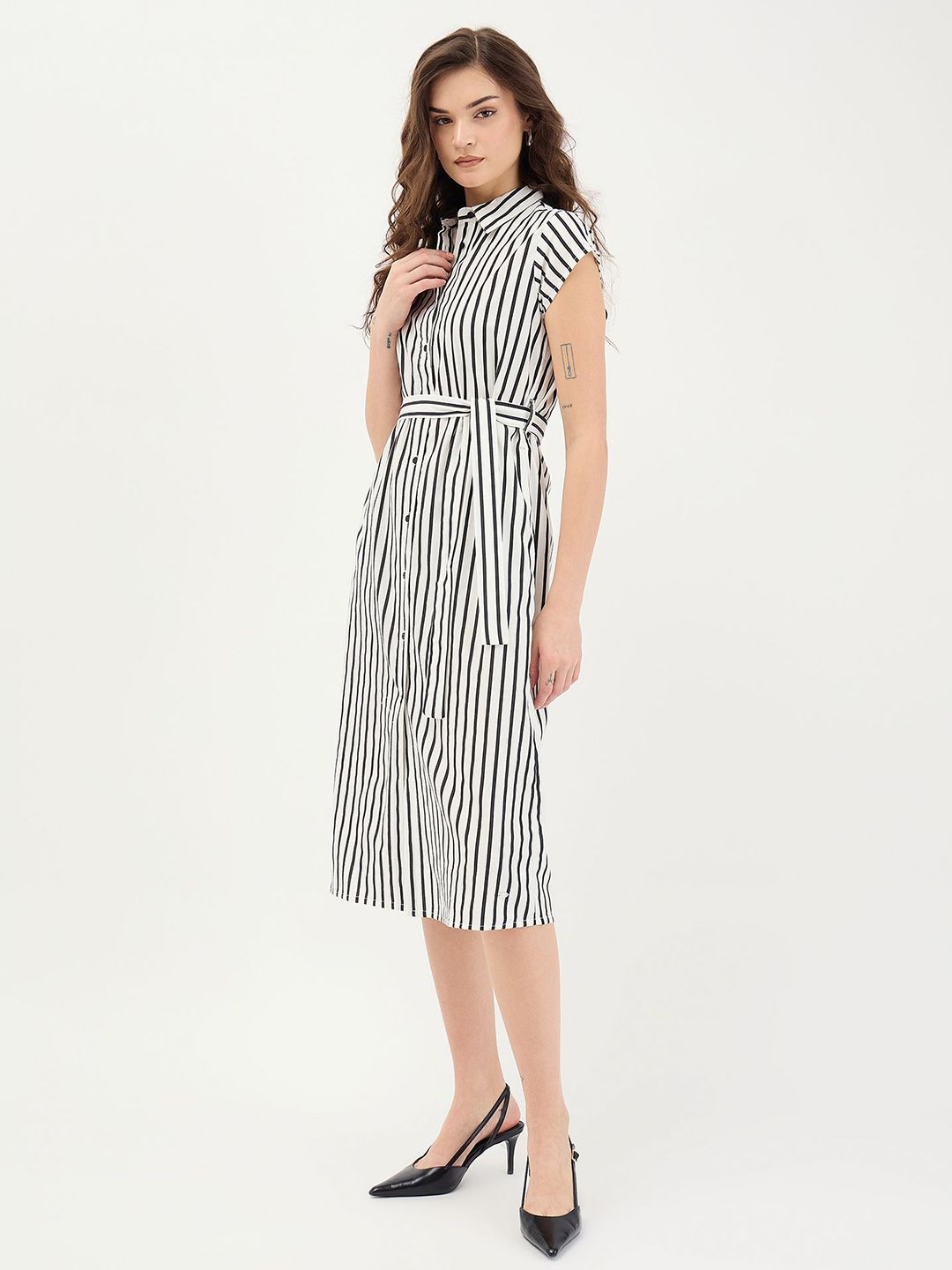 ELLE Women Vertical Stripes Shirt Midi Dress