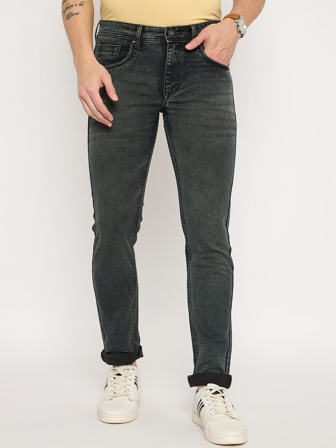 Duke Men Slim Fit Mid-Rise Clean Look Heavy Fade Stretchable Jeans