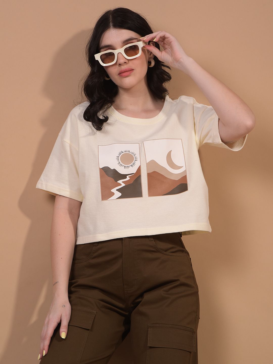 Crimsoune Club Typography Printed Round Neck Drop-Shoulder Sleeves Slim Fit Crop T-shirt
