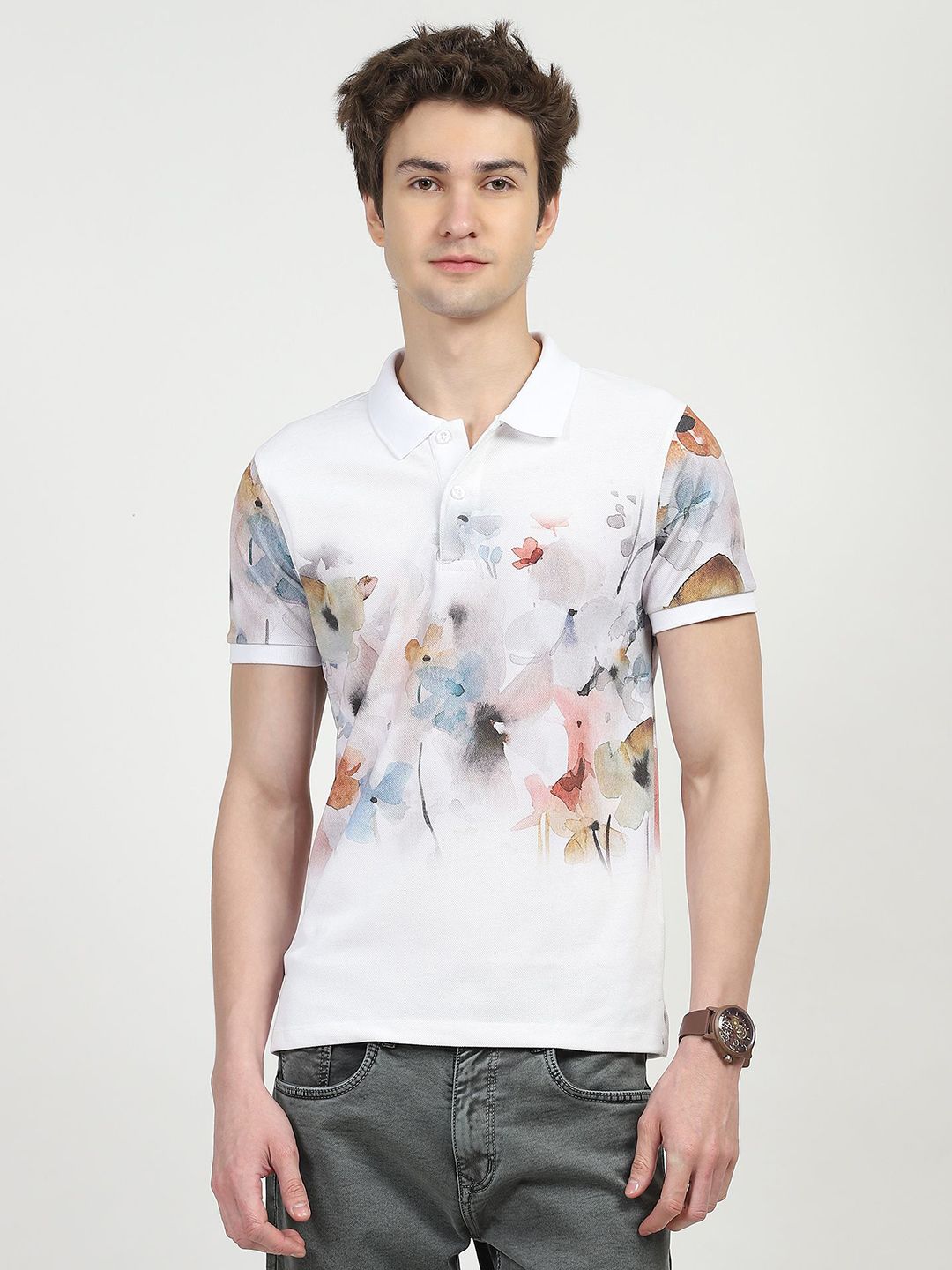 Global Republic Floral Printed Polo Collar Cotton T-shirt