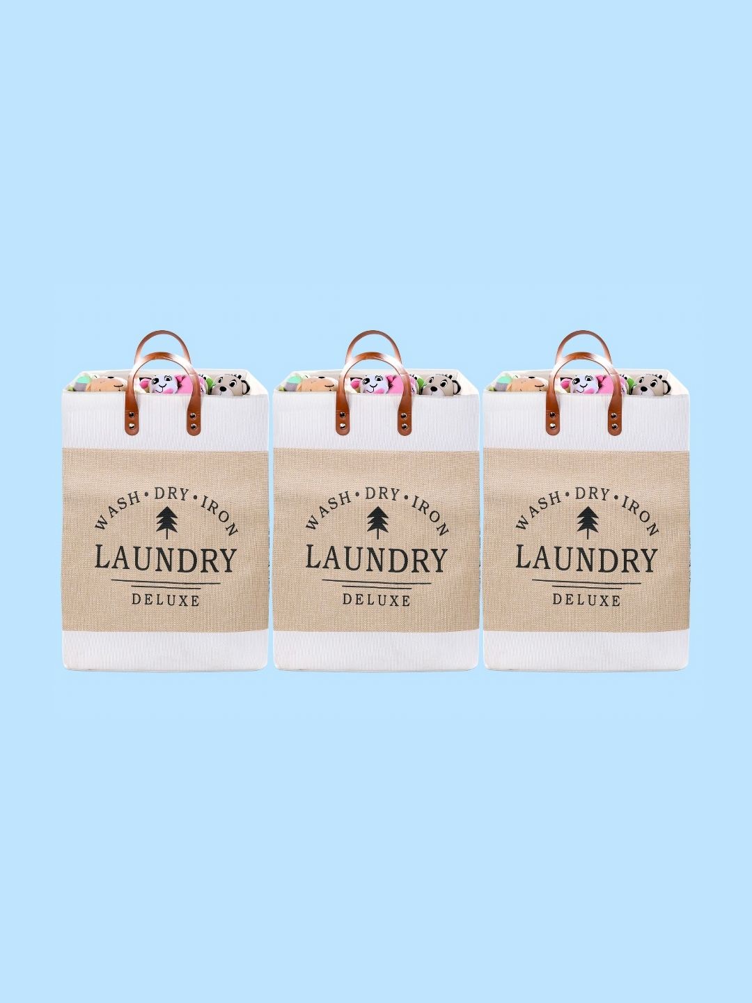 Stylista 3-Pcs Beige Printed Durable & Foldable Laundry Bag with Handle