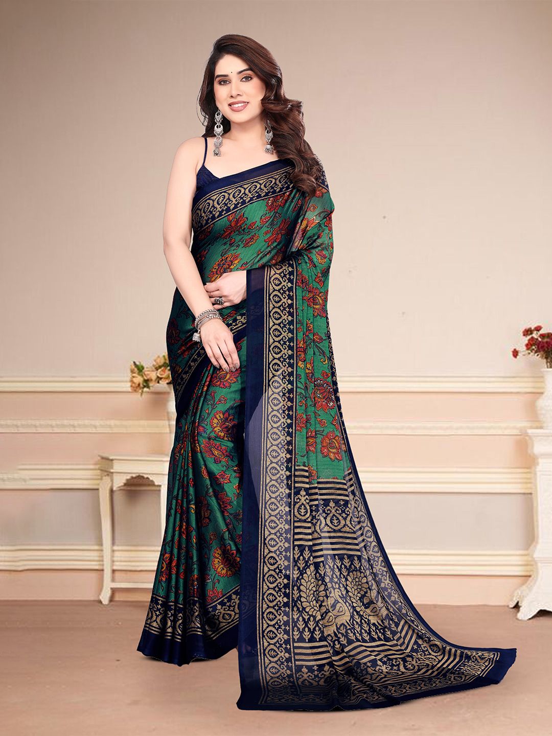 MAGNEITTA Floral Print Pure Chiffon Designer Saree
