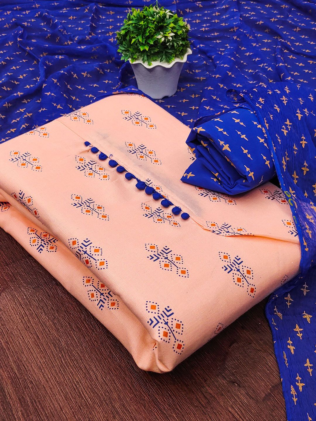 HERE&NOW Floral Printed Embellished Slub Cotton Unstitched Dress Material