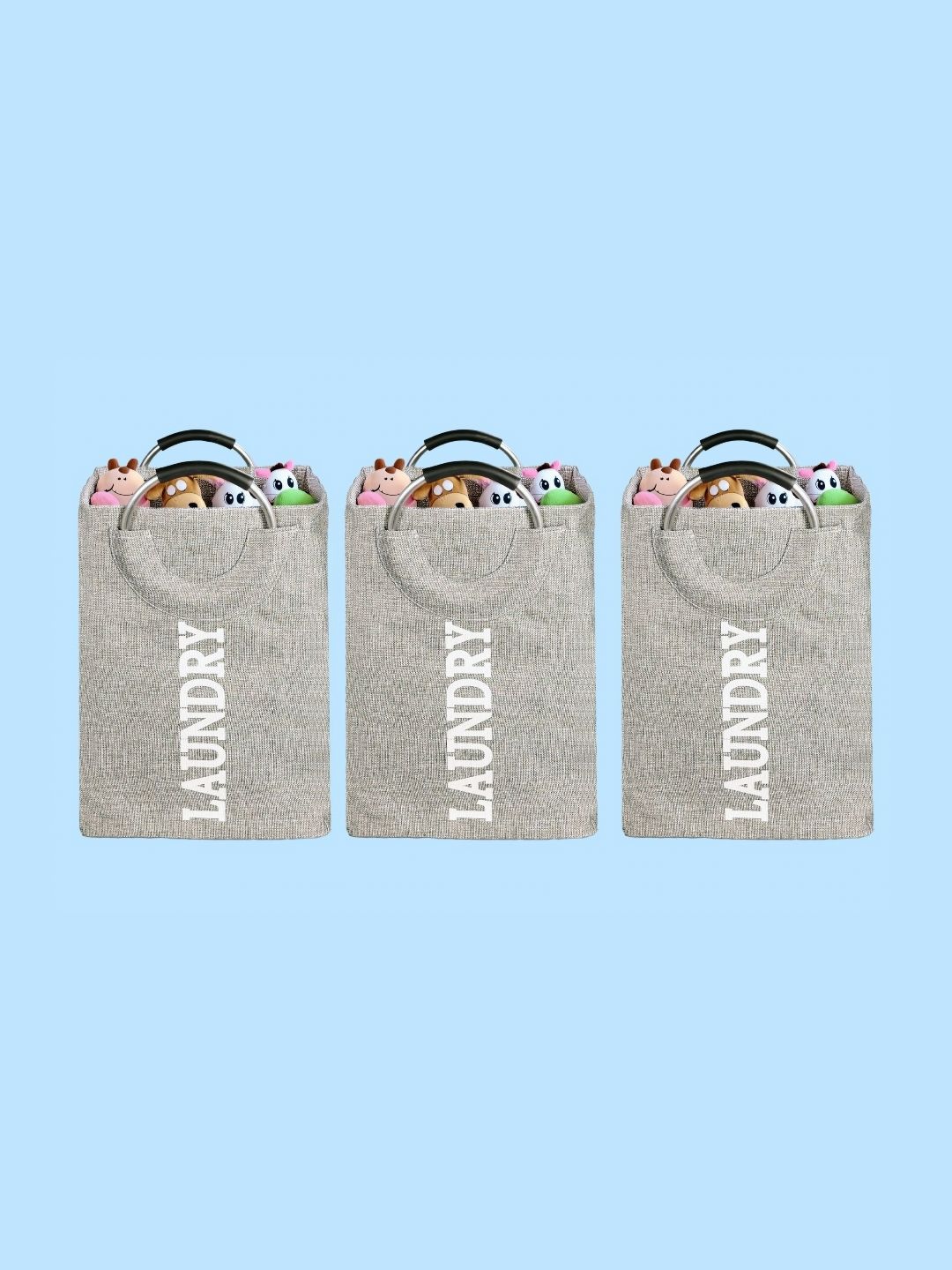 Stylista 3-Pcs Grey Printed Durable & Foldable Laundry Bag with Metal Handle