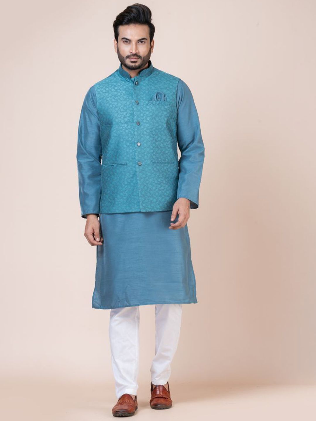 Nawaz's Kurta Printed Mandarin Collar Neck Woven Nehru Jacket