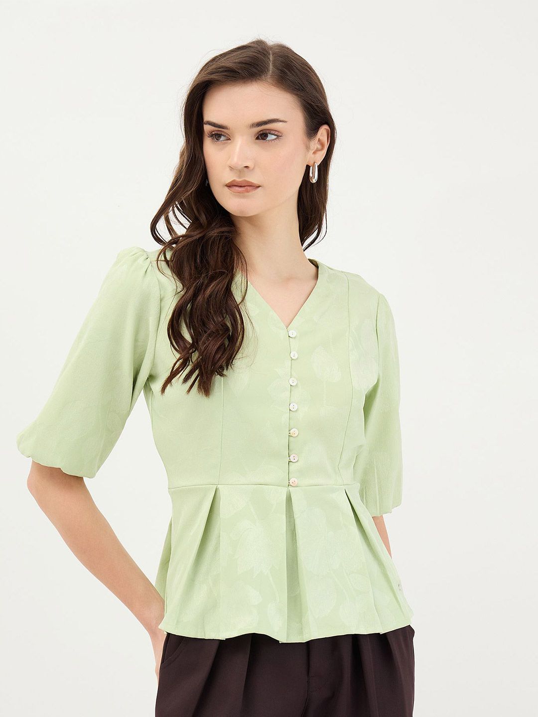 ELLE Fashion Women Floral Puff Sleeve Peplum Top
