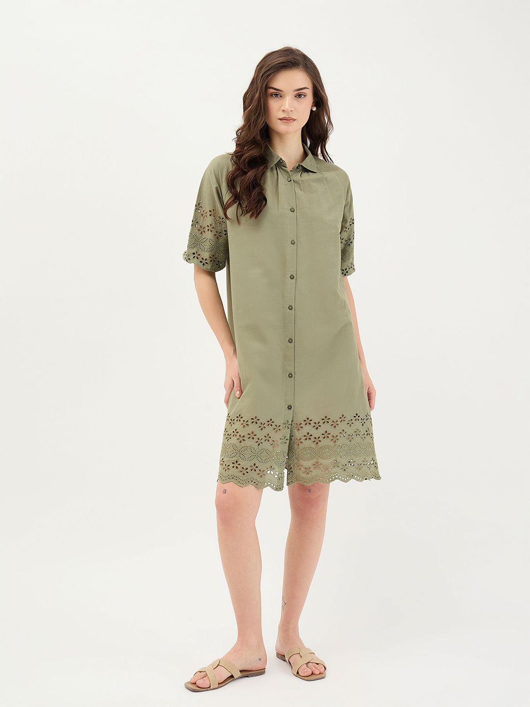 ELLE Floral Embroidered Cotton Knee Length Shirt Dress