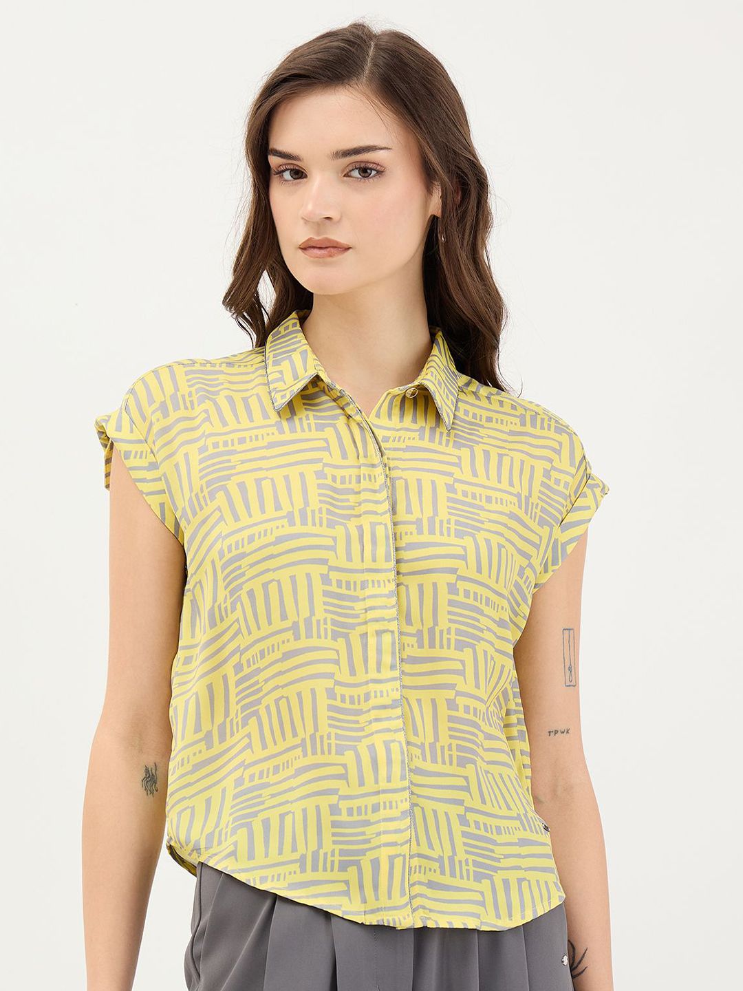 ELLE Women Abstract Printed Extended Sleeves Shirt Style Top