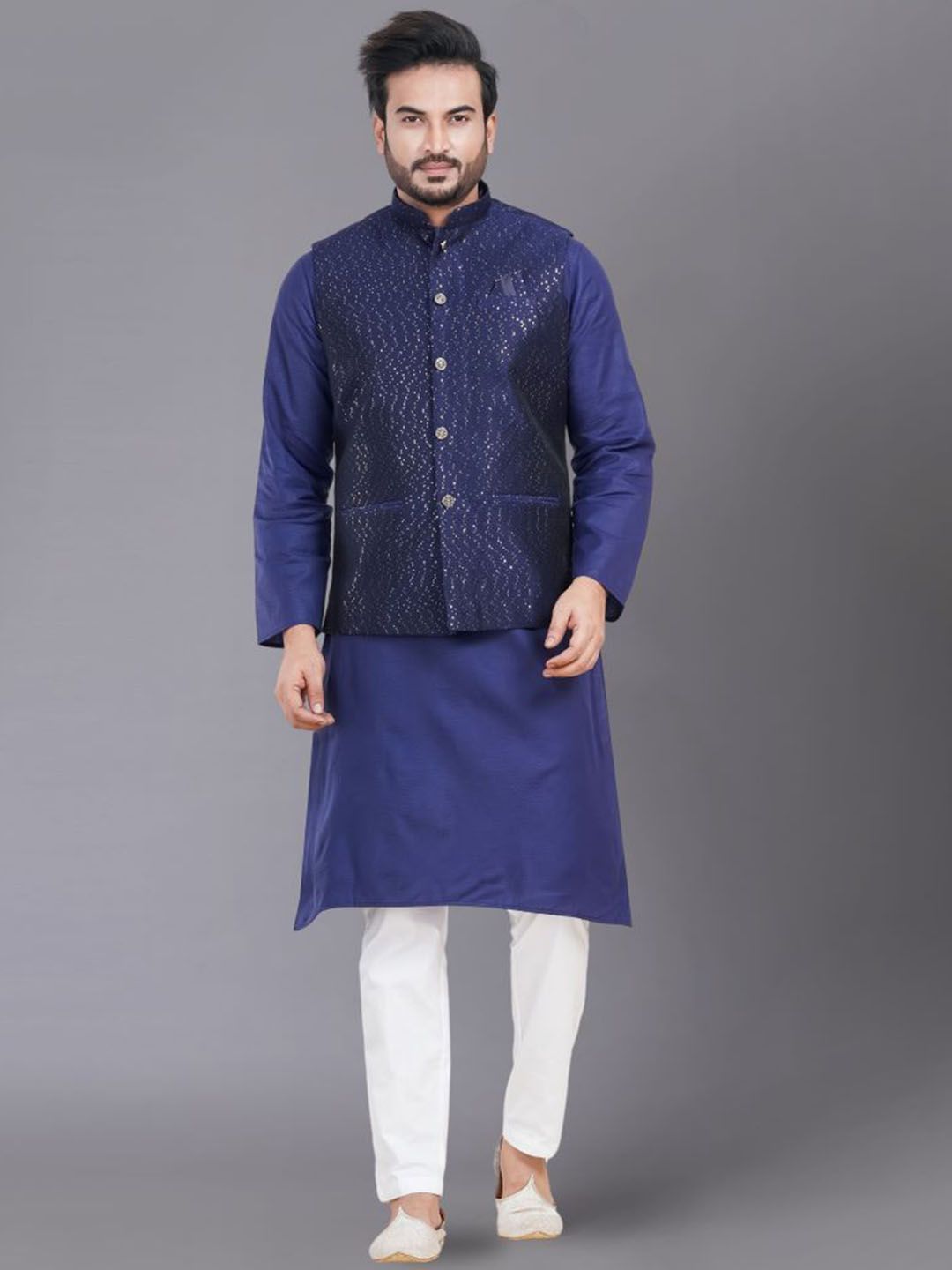 Nawaz's Kurta Embellished Mandarin Collar Neck Woven Nehru Jacket