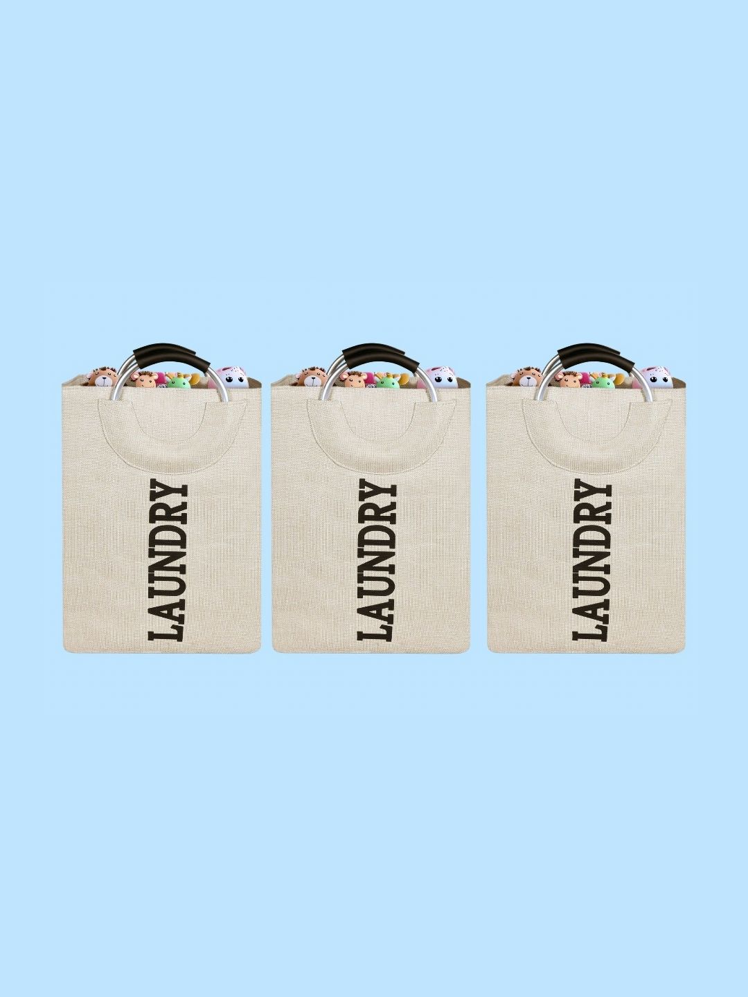 Stylista 3-Pcs Beige Printed Durable & Foldable Laundry Bag with Metal Handle