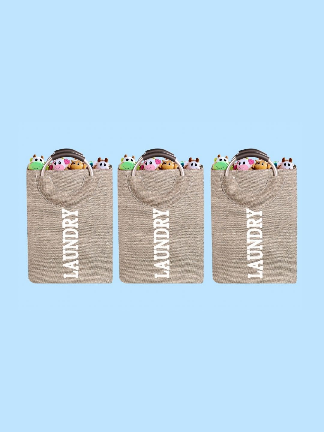 Stylista 3-Pcs Beige Printed Durable & Foldable Laundry Bag with Metal Handle