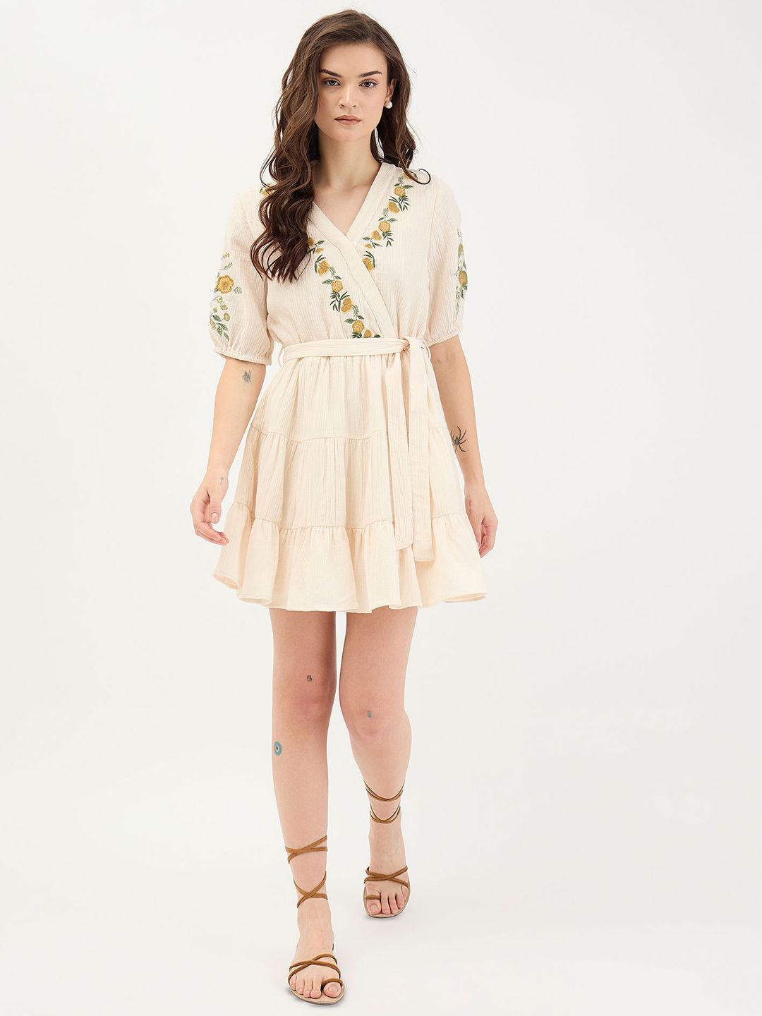 ELLE Women Floral Embroidered V Neck Wrap Mini Dress