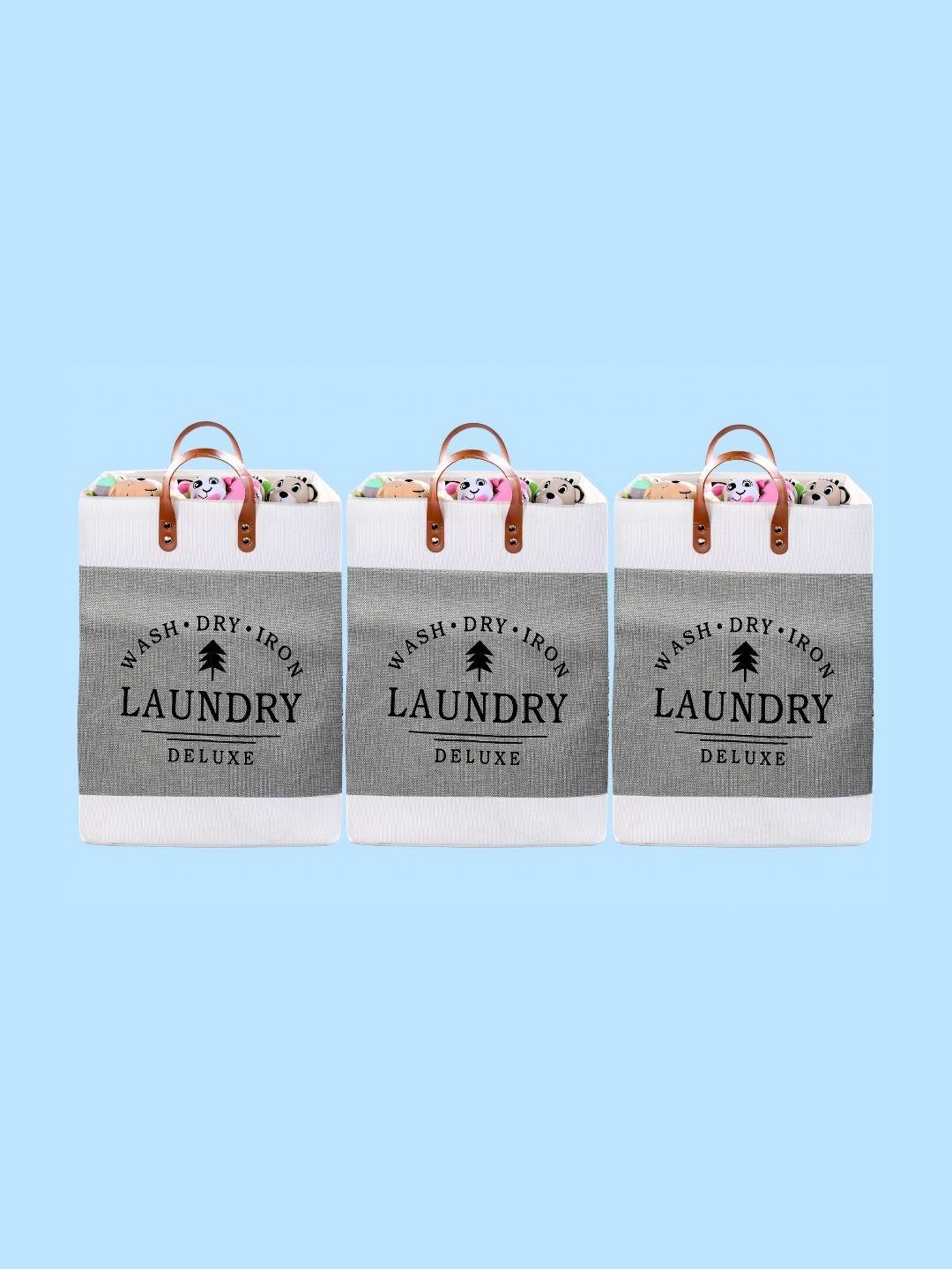 Stylista 3-Pcs Grey Printed Durable & Foldable Laundry Bag with Handle