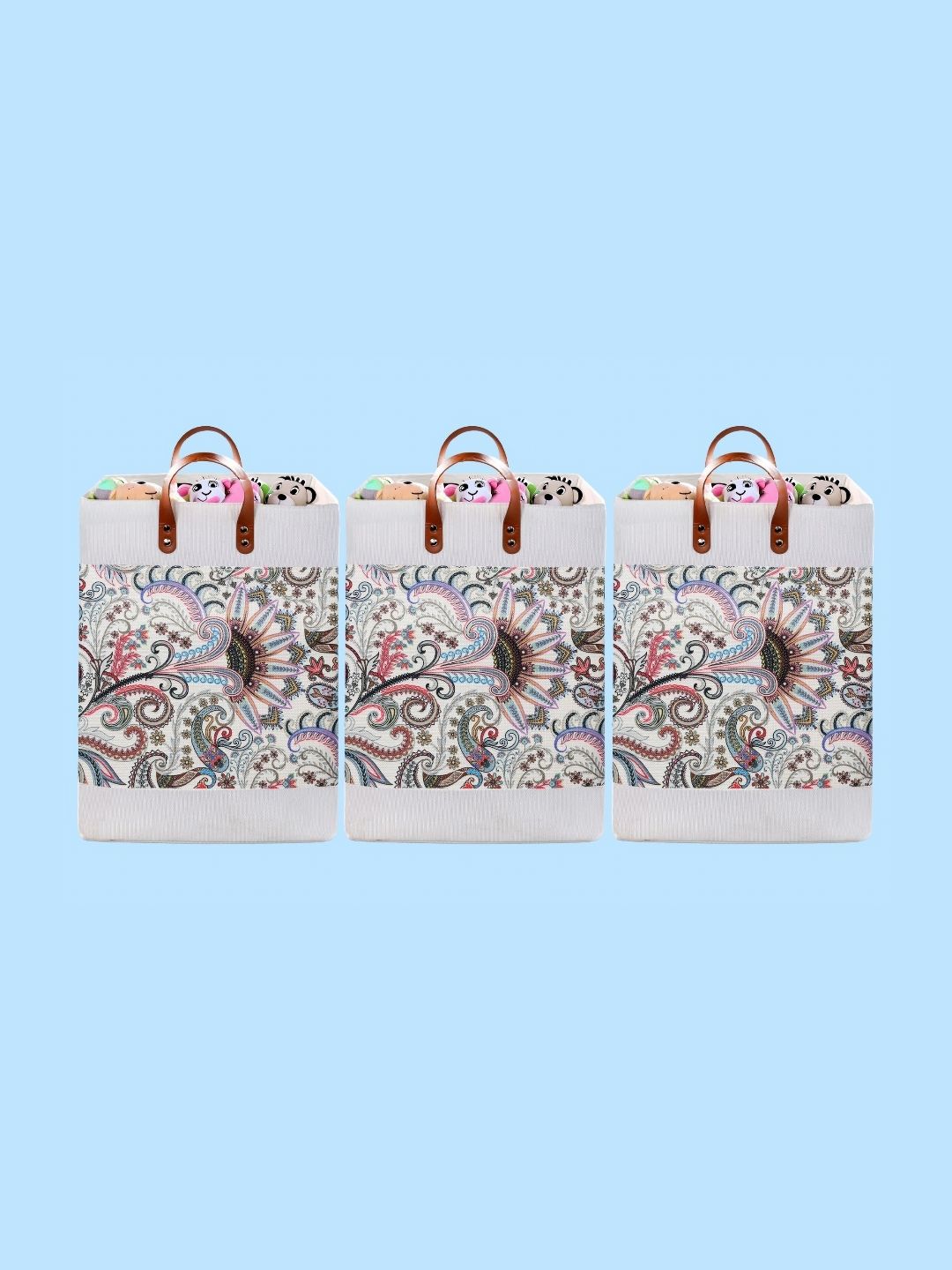 Stylista 3-Pcs Off White & Purple Printed Durable & Foldable Laundry Bag with Handle