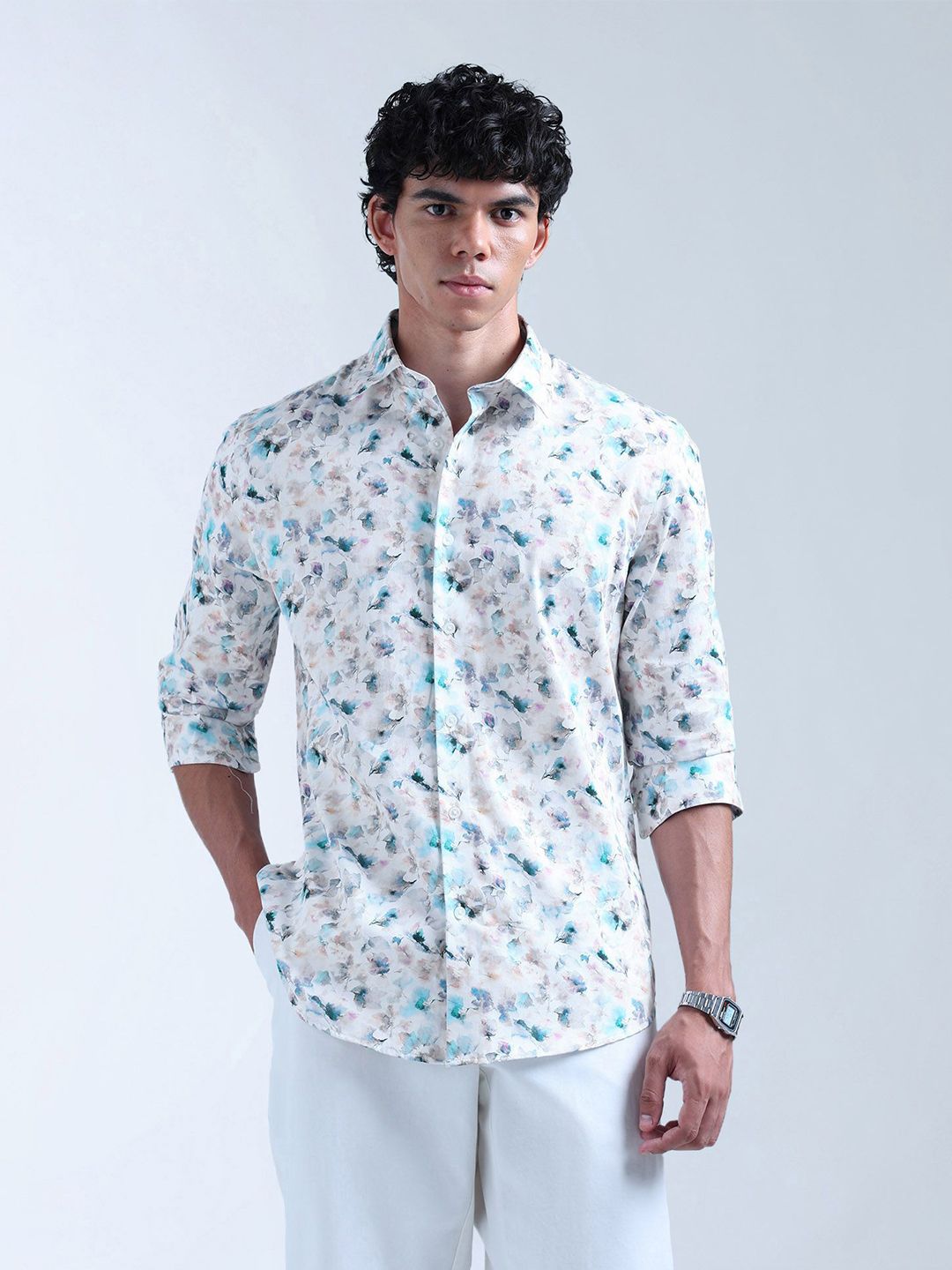 Flying Machine Floral Printed Spread Collar Slim Fit Pure Cotton Casual Shirt