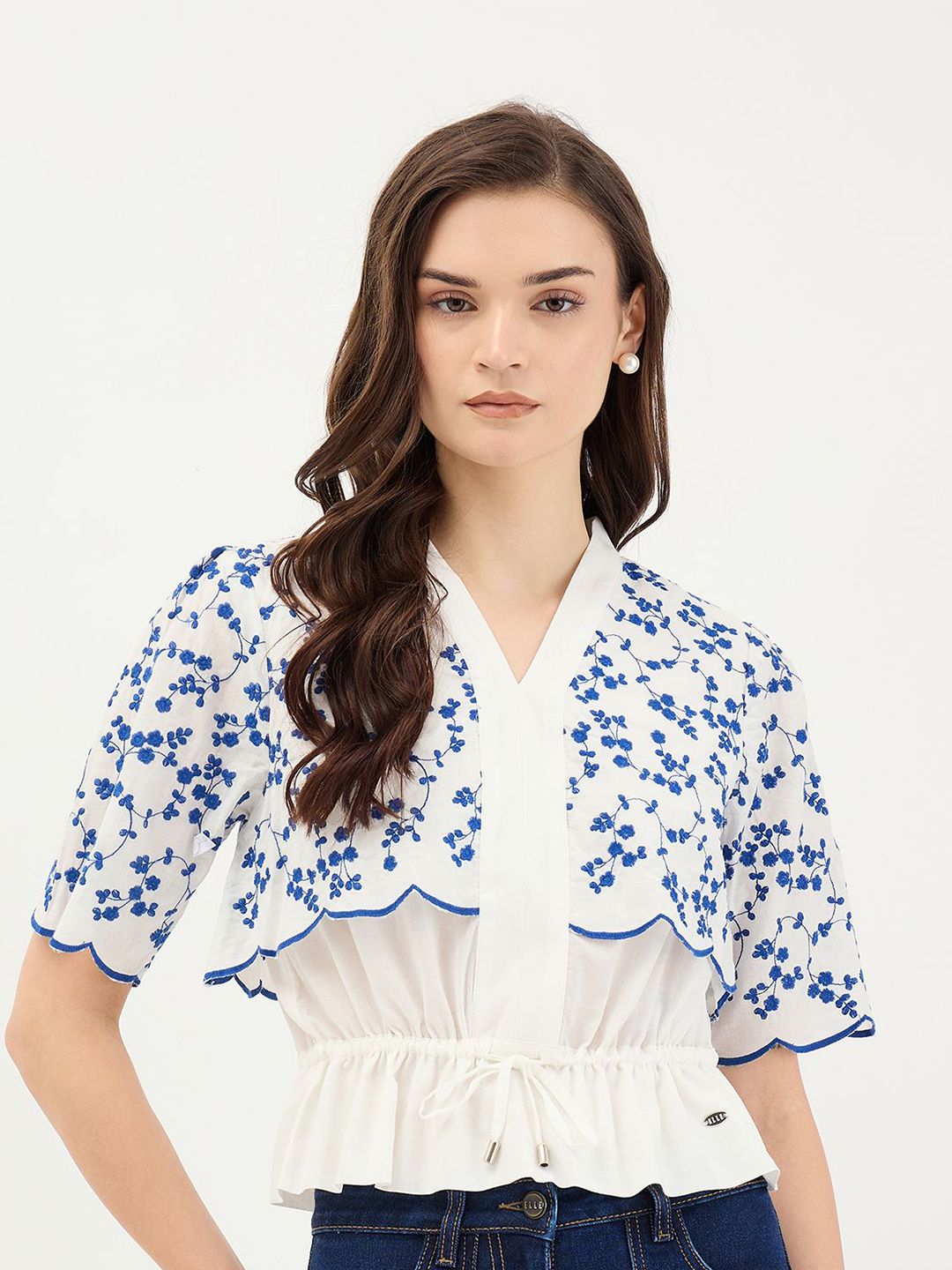 ELLE Women Floral Embroidered Cotton Peplum Top