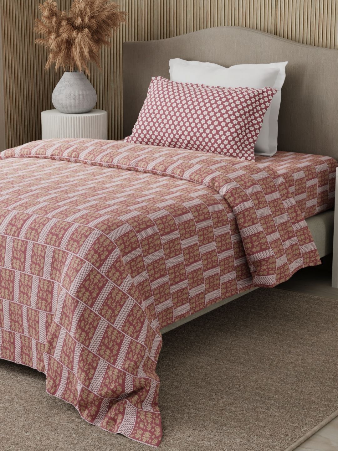 Boutique Living India Boutique Living India Valatia Karigiri Pink Ethnic Motifs Pure Cotton Shrink Resistant 200 TC Single Fine Bedsheet with 2 Pillow Covers-224 x 152 cm