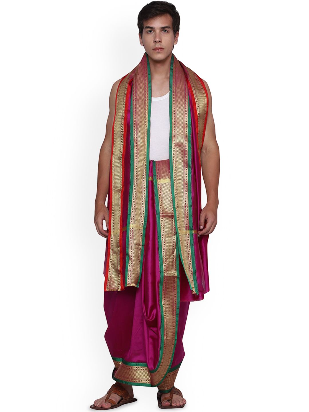 RAMESHWARAM FABRICS Men Unstitched Art Silk Dhoti and Angavastram Set with Zari Border