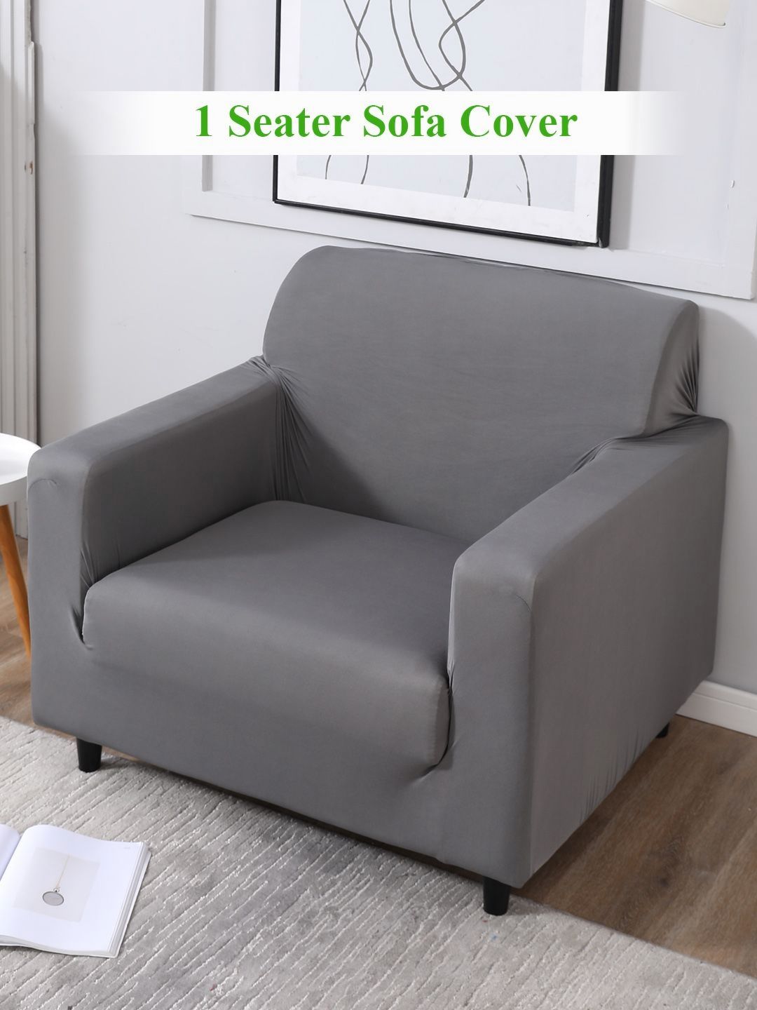 HOKIPO Grey 1 Seater Solid Sofa Cover With Arms