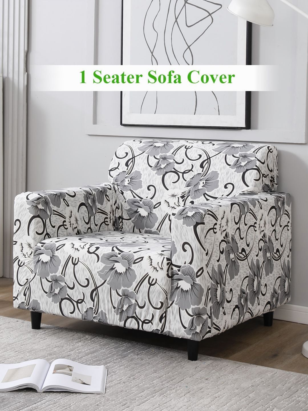 HOKIPO Grey Floral Polyester Stretch Fit Straight Single Seater Sofa Cover-35x55x20In