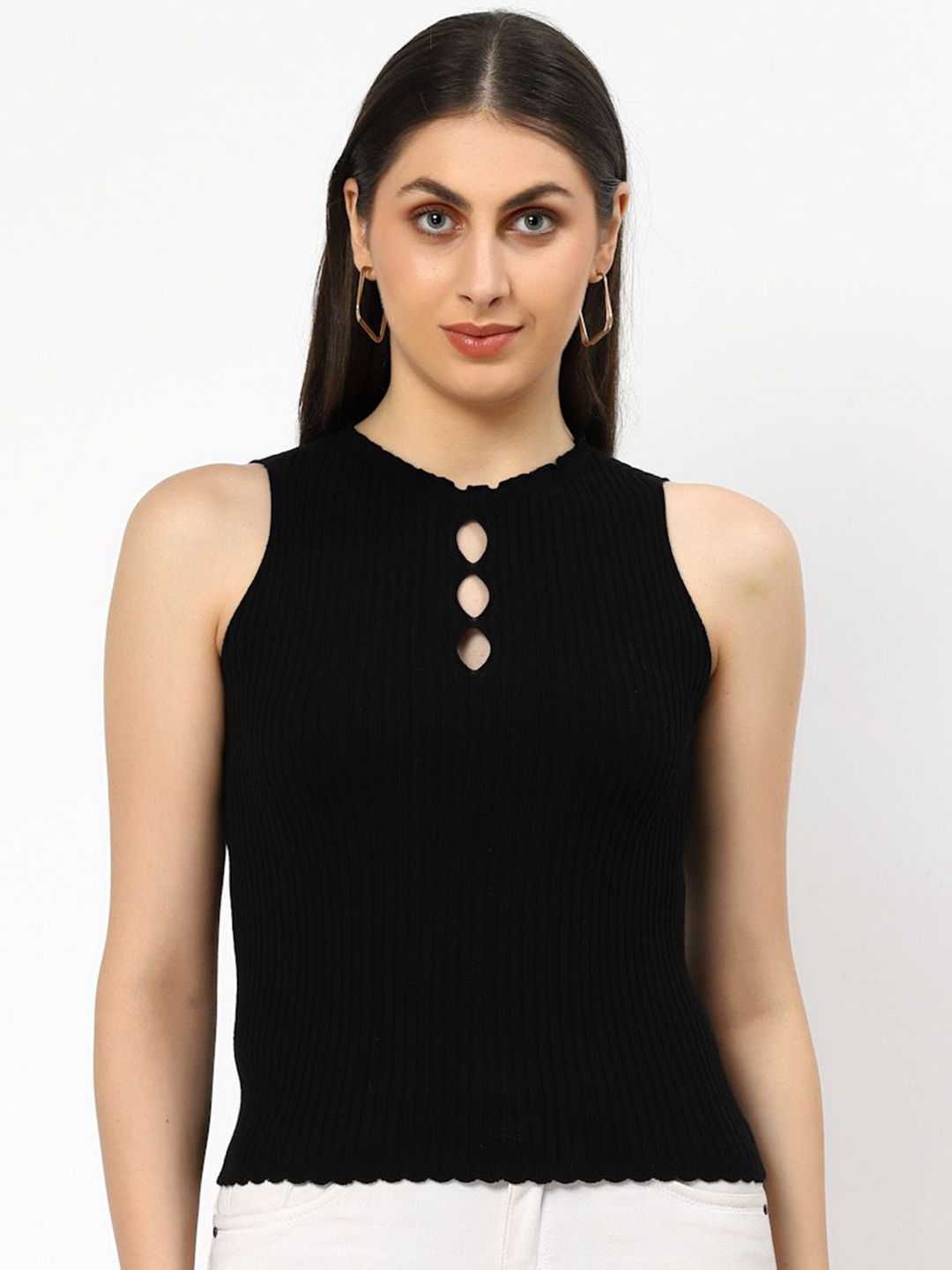 Kalt Striped Women Cotton Keyhole Neck Ribbed Top