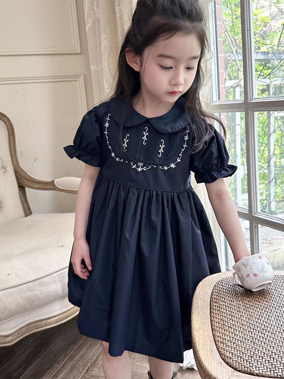JC SPARKLE Girls Self Design Peter Pan Collar Fit & Flare Dress