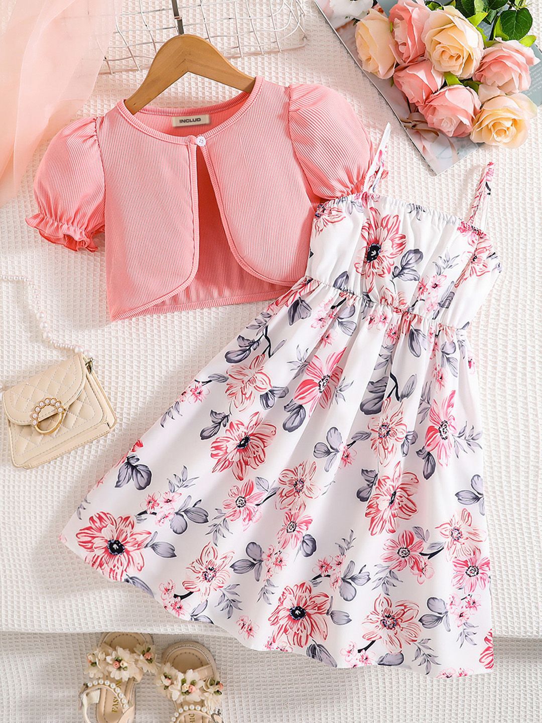 INCLUD Girls Floral Printed Fit & Flare Midi Dress With Pink Puff Sleeves Shrug