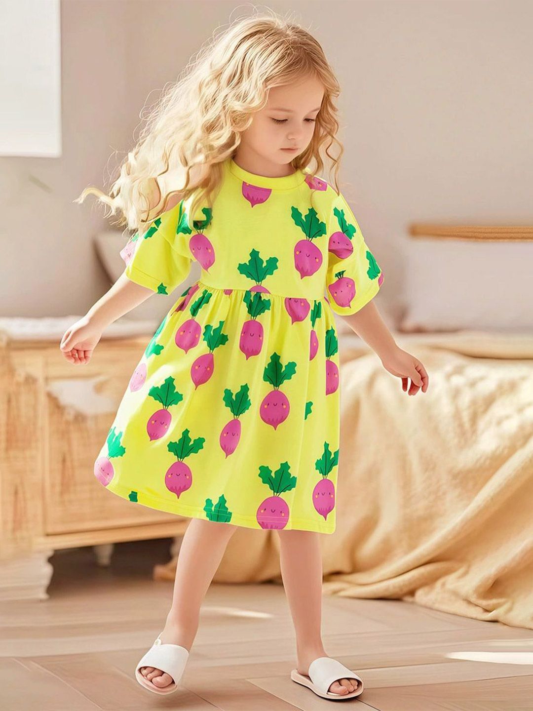 JC SPARKLE Girls Printed Puff Sleeve Fit and Flare Midi Dress