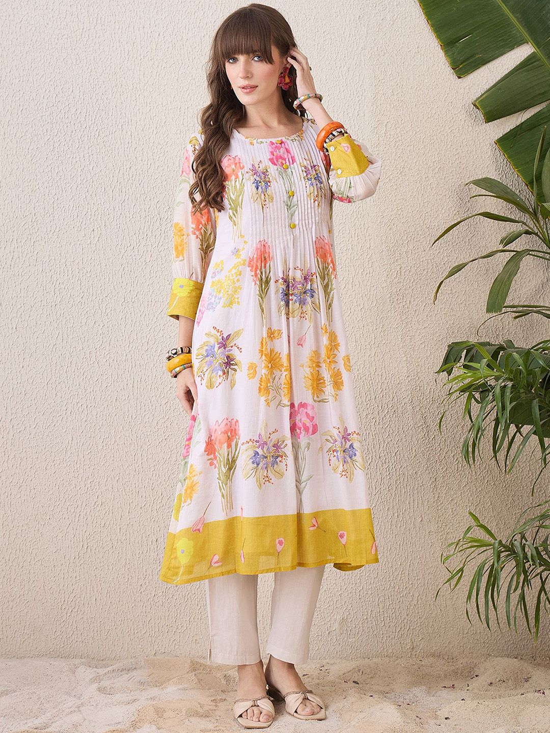 Indo Era Floral Printed Pleated Round Neck Pure Cotton A-Line Kurta With Trousers