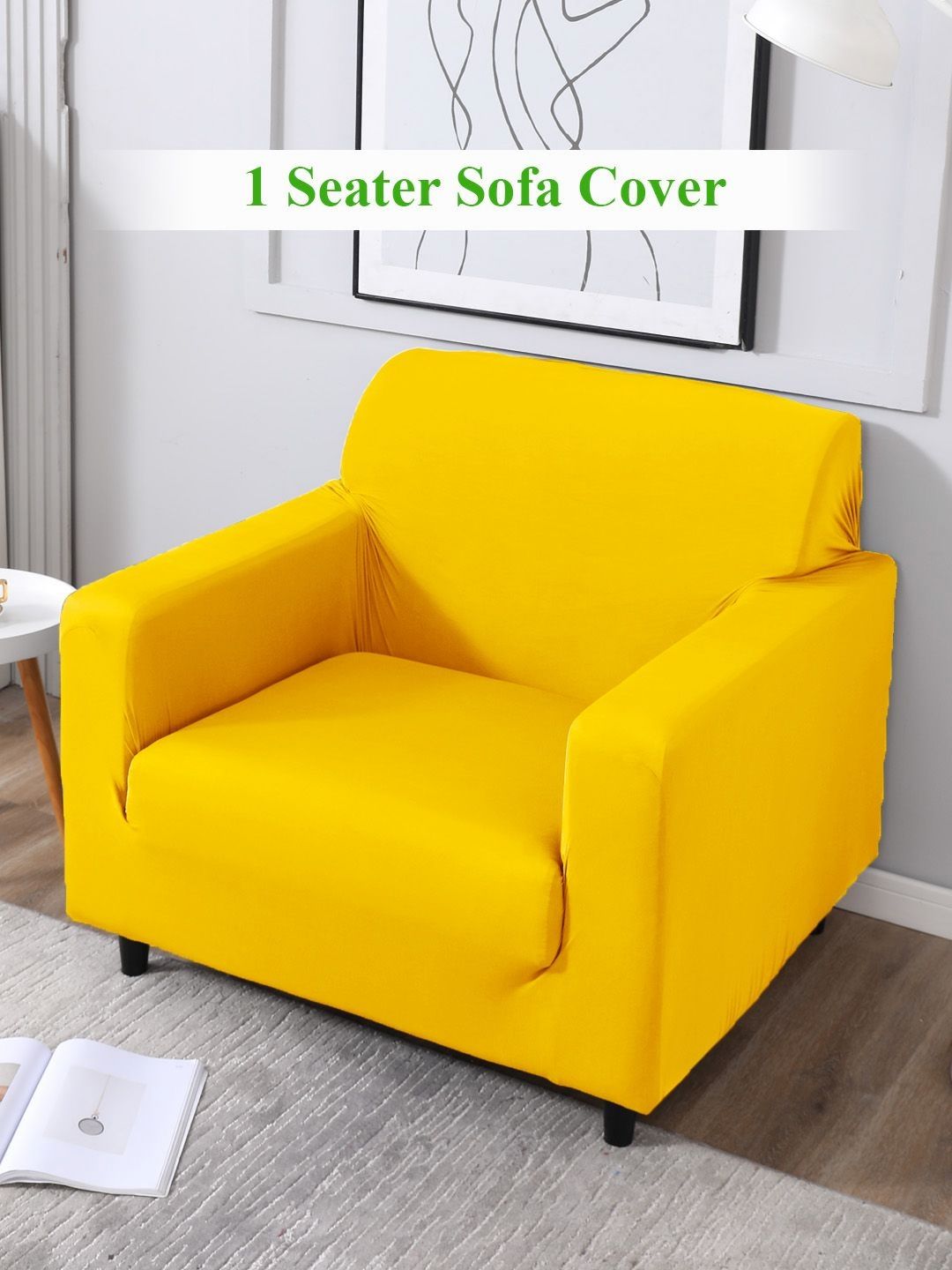 HOKIPO Yellow 1 Seater Solid Sofa Cover With Arms