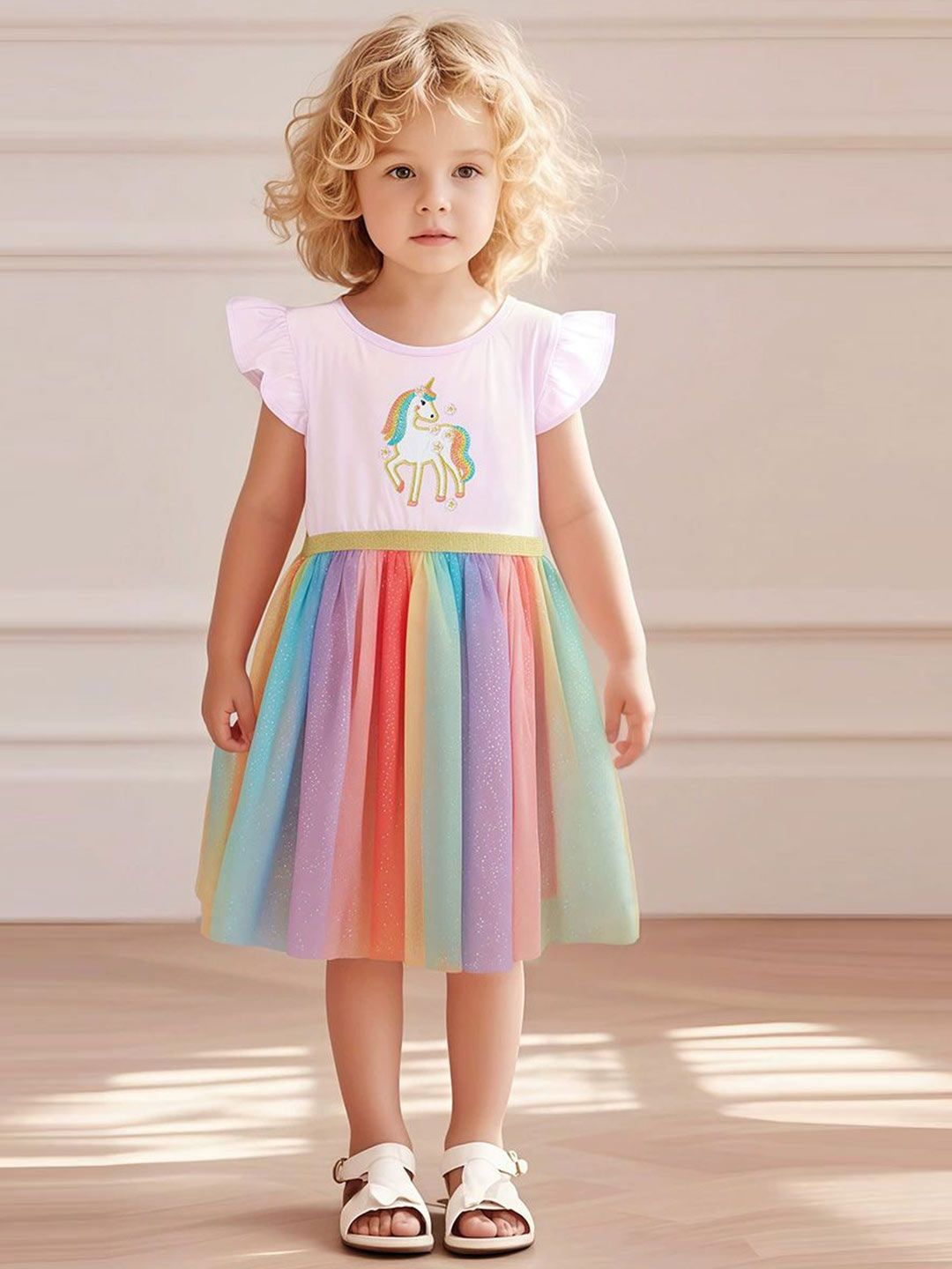 JC SPARKLE Girl Round Neck Flutter Sleeve Fit and Flare Dress