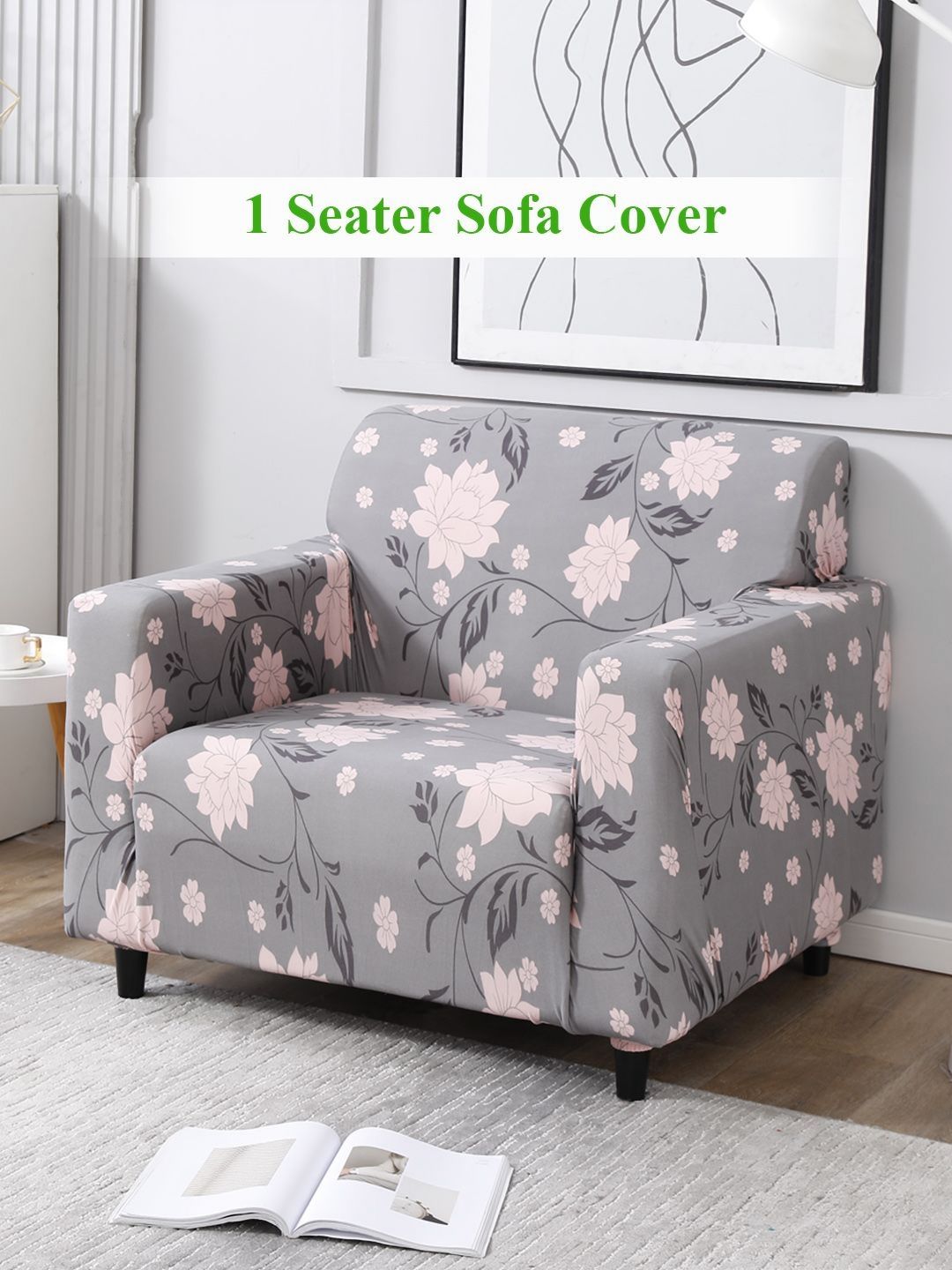 HOKIPO Grey & Pink Floral Printed 1 Seater Sofa Cover With Arms