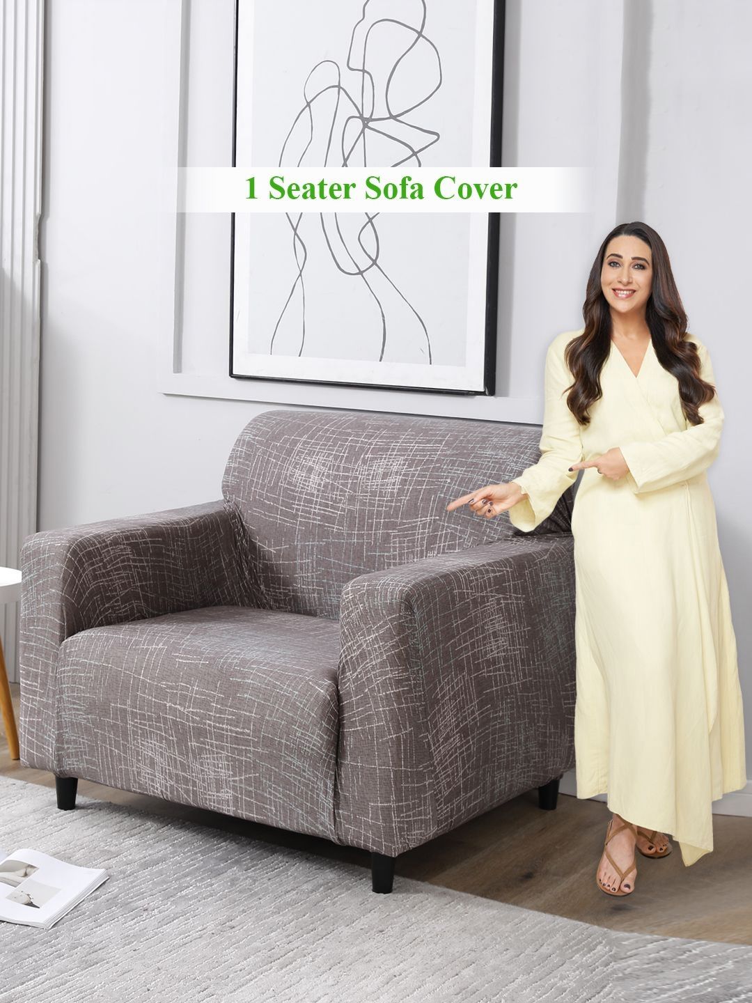 HOKIPO Brown Printed 1 Seater Sofa Cover With Arms
