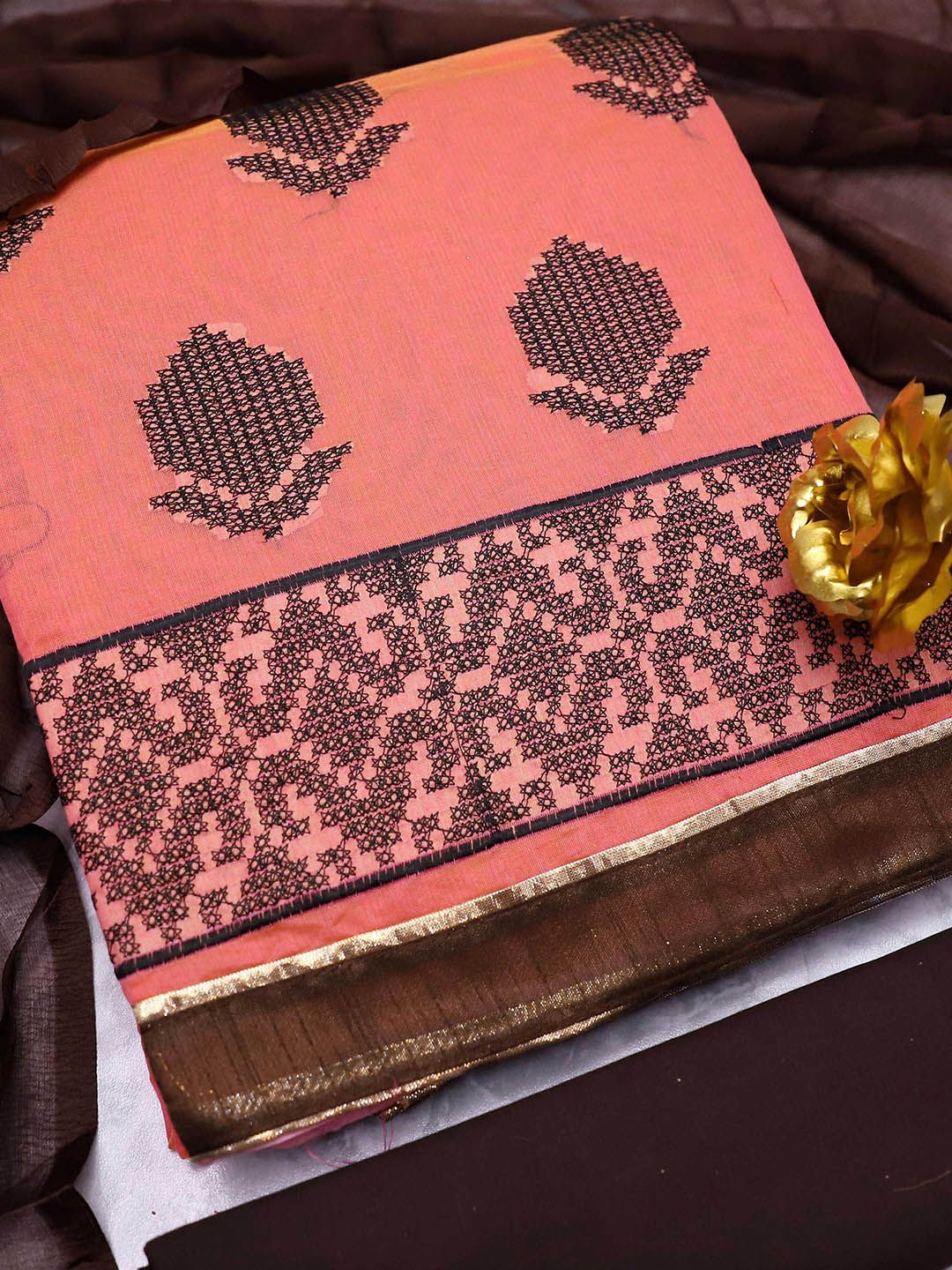 HERE&NOW Geometric Embroidered Chanderi Cotton Unstitched Dress Material