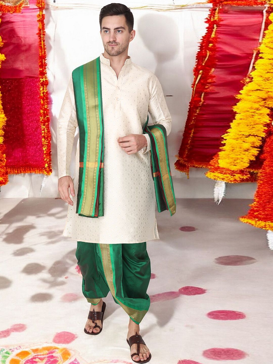 RAMESHWARAM FABRICS RAMESHWARAM FABRICS Men Art Silk Unstitched Dhoti & Angavastram Set